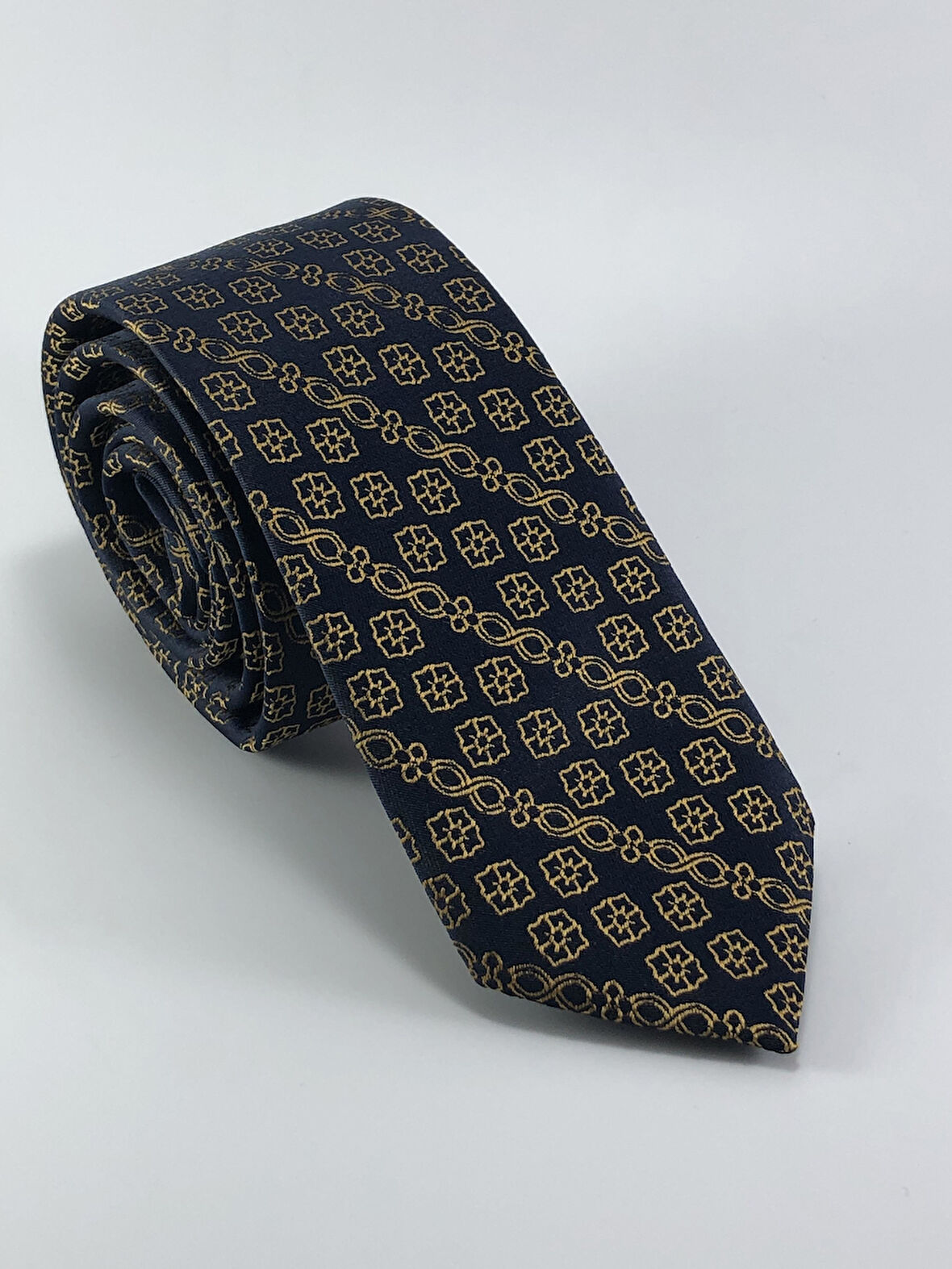  Lacivert Gold Desenli Slim Kravat