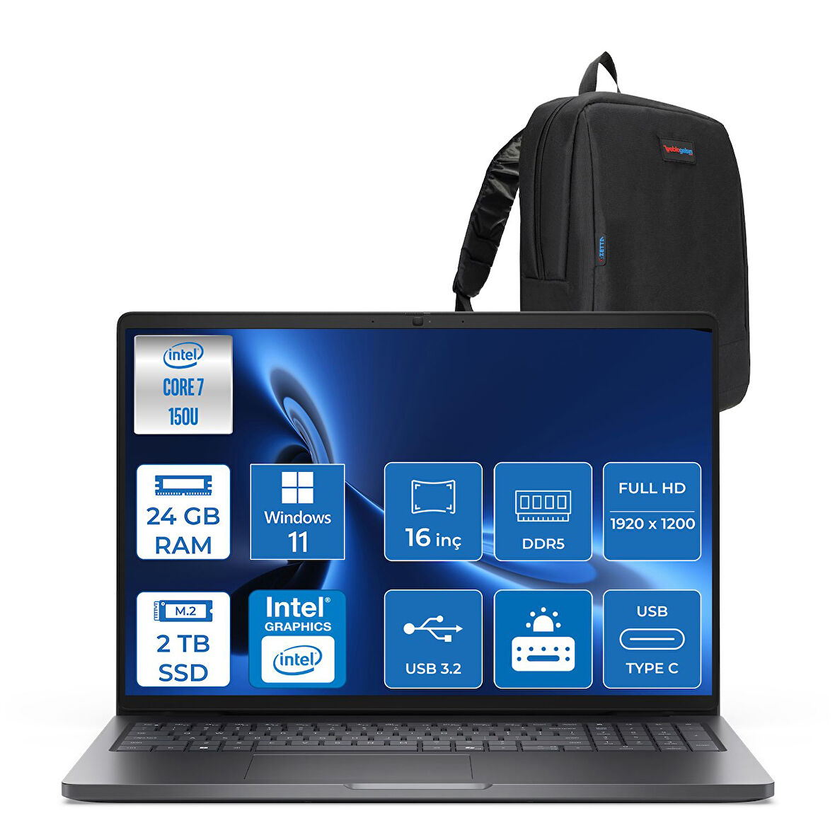 Dell Pro 16 PC16250 Intel Core 7 150U 24GB Ddr5 2tb SSD 16 Fhd+ IPS (1920X1200) 300 Nits WIN11HOME Taşınabilir Bilgisayar. PC16250C7165H04+ZETTAÇANTA