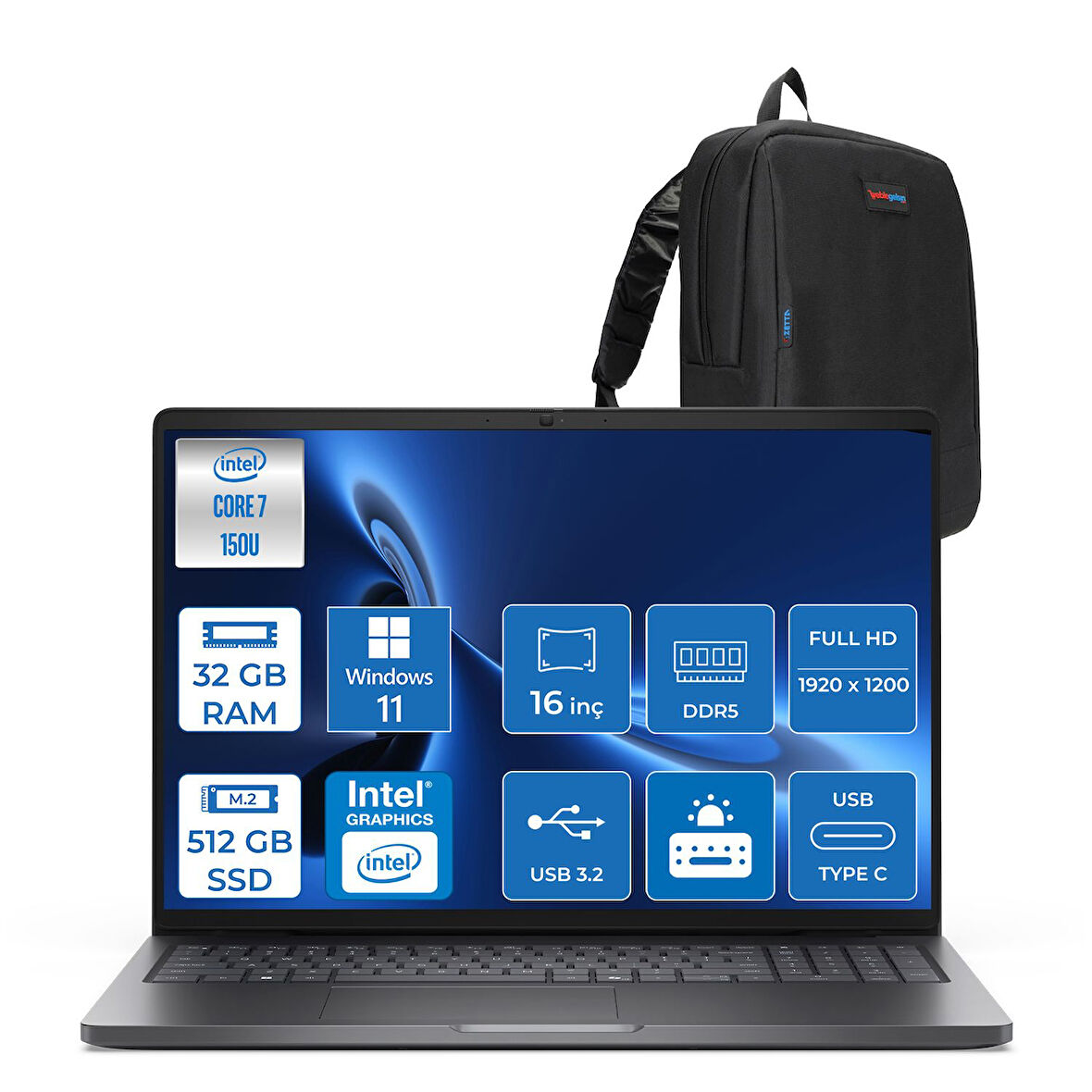 Dell Pro 16 PC16250 Intel Core 7 150U 32GB Ddr5 512GB SSD 16 Fhd+ IPS (1920X1200) 300 Nits WIN11PRO Taşınabilir Bilgisayar. PC16250C7165P07+ZETTAÇANTA
