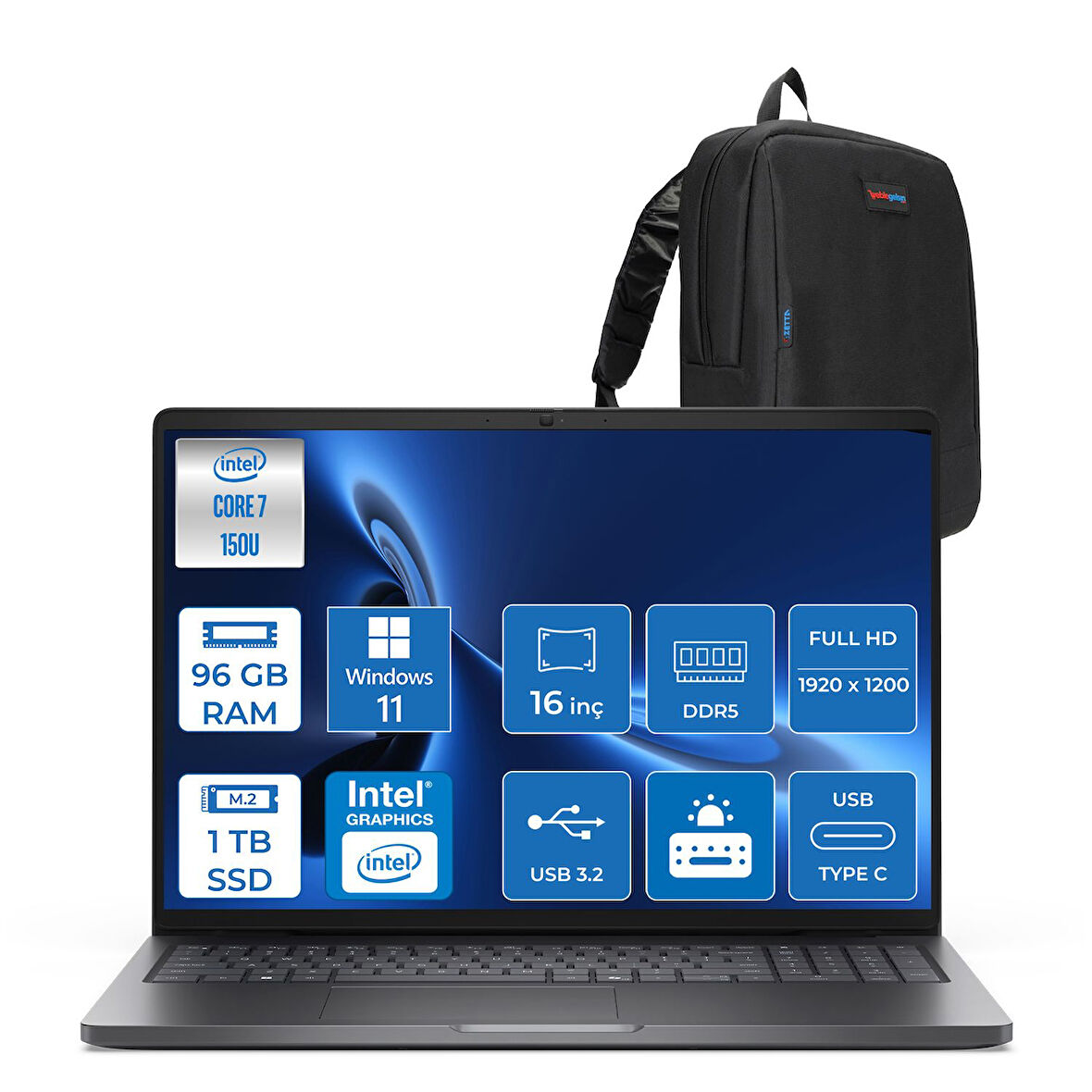 Dell Pro 16 PC16250 Intel Core 7 150U 96GB Ddr5 1tb SSD 16 Fhd+ IPS (1920X1200) 300 Nits WIN11PRO Taşınabilir Bilgisayar. PC16250C7165P28+ZETTAÇANTA