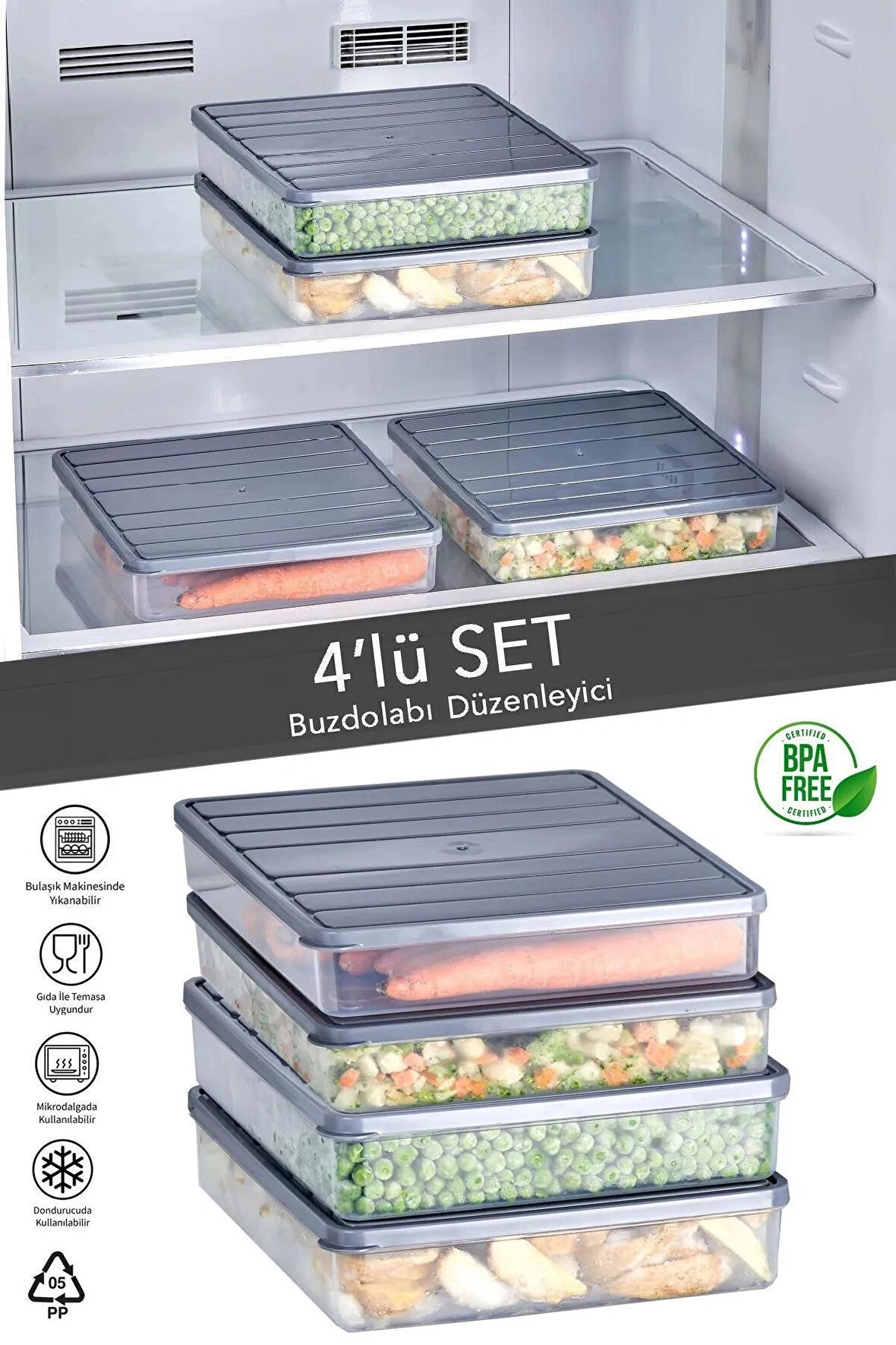 4'lü Buzdolabı Düzenleyici Organizer - Difriz ve Mikrodalga Uyumlu Saklama Kabı Seti Gri 4x2500 ml