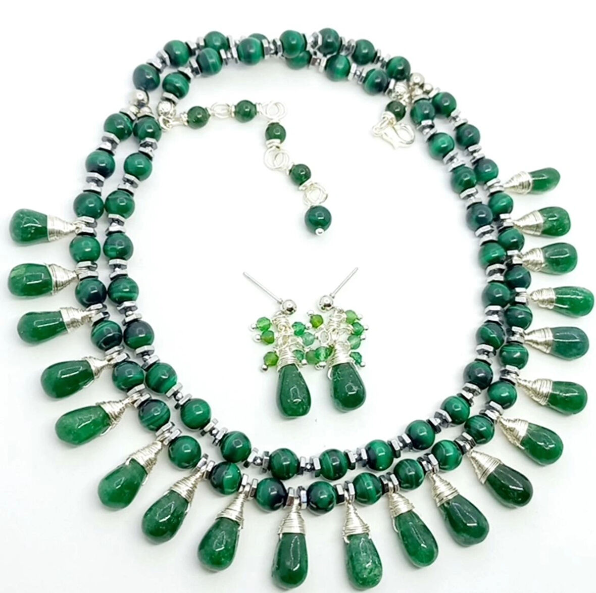 2358 Zümrüt Malahit Hematit el yapımı iki sıralı kolye