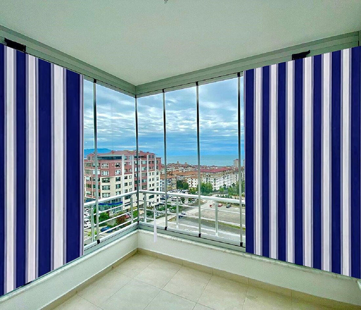 Ceylan Home Balkon Perdesi Brandası Mavi Kalın Çizgili 800x250