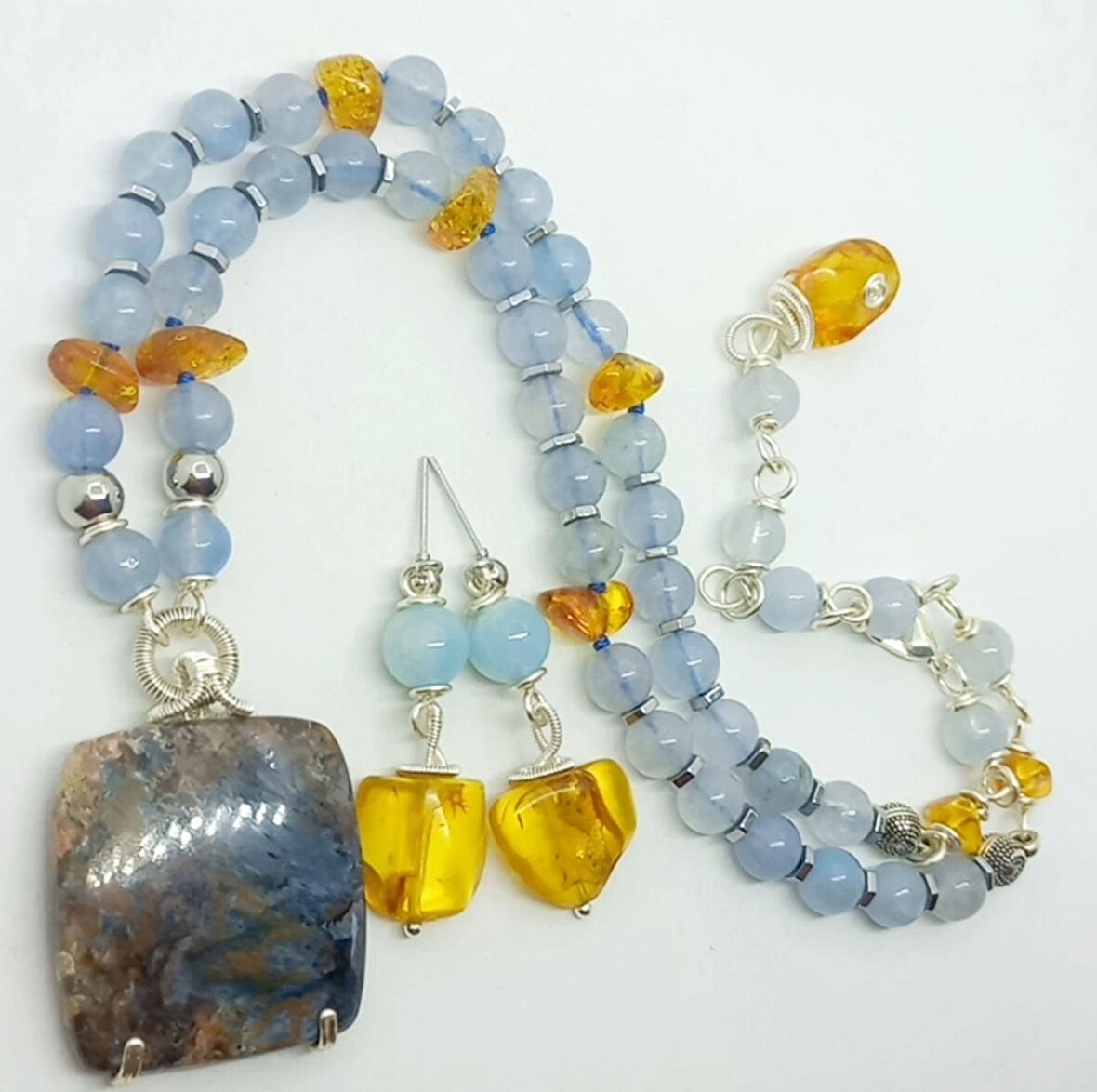 2360 Pietersite Akuamarin Kehribar el yapımı kolye