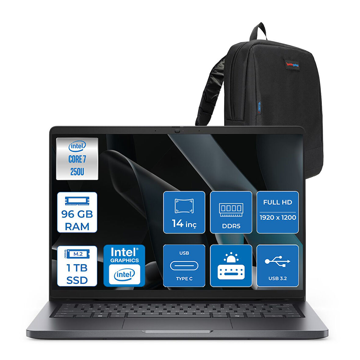 Dell Pro 14 PC14250  Intel Core 7 250U 96GB Ddr5 1tb SSD 14 Fhd+ IPS (1920X1200) 300 Nits Freedos Taşınabilir Bilgisayar. PC14250C7325F28+ZETTAÇANTA