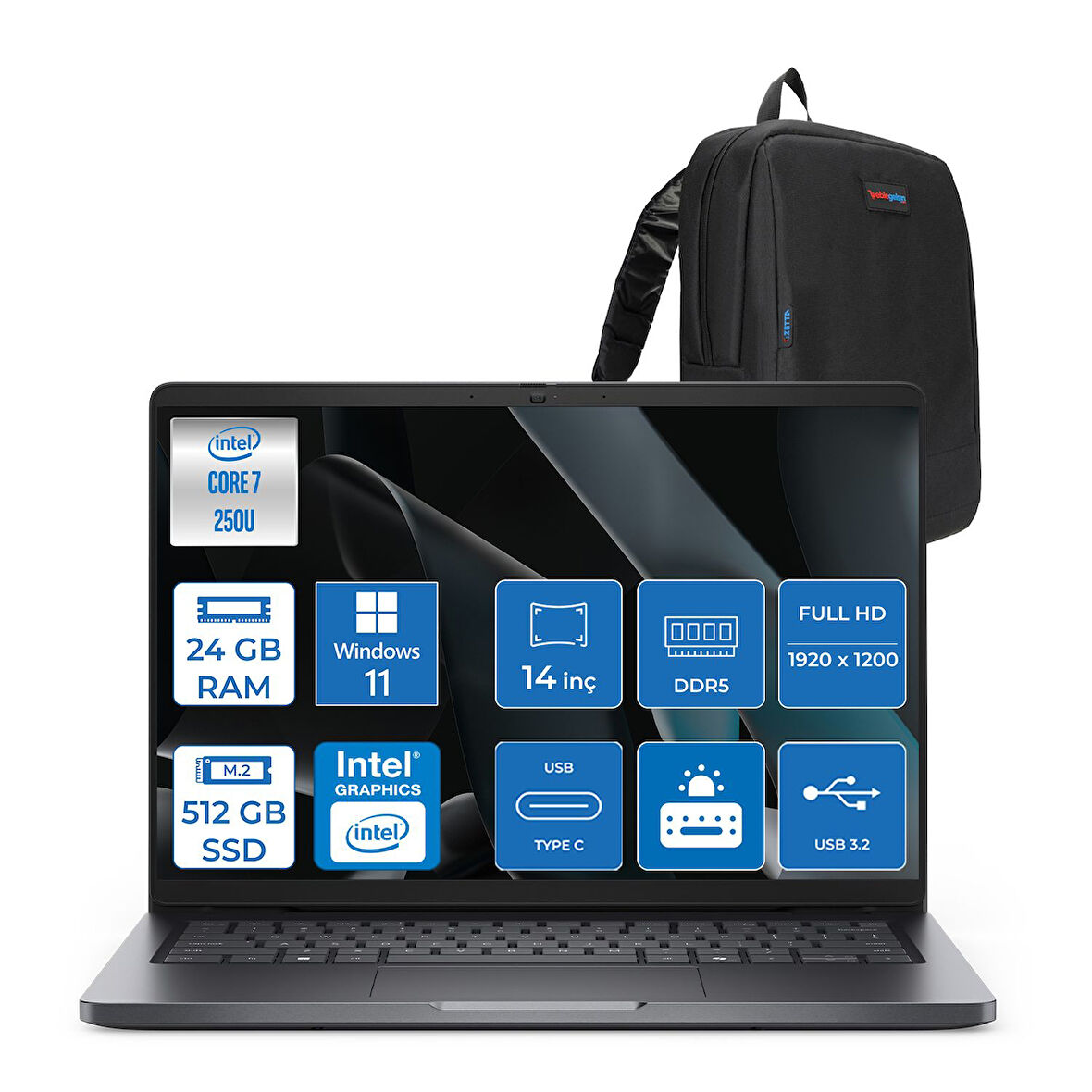 Dell Pro 14 PC14250  Intel Core 7 250U 24GB Ddr5 512GB SSD 14 Fhd+ IPS (1920X1200) 300 Nits WIN11PRO Taşınabilir Bilgisayar. PC14250C7325P02+ZETTAÇANTA