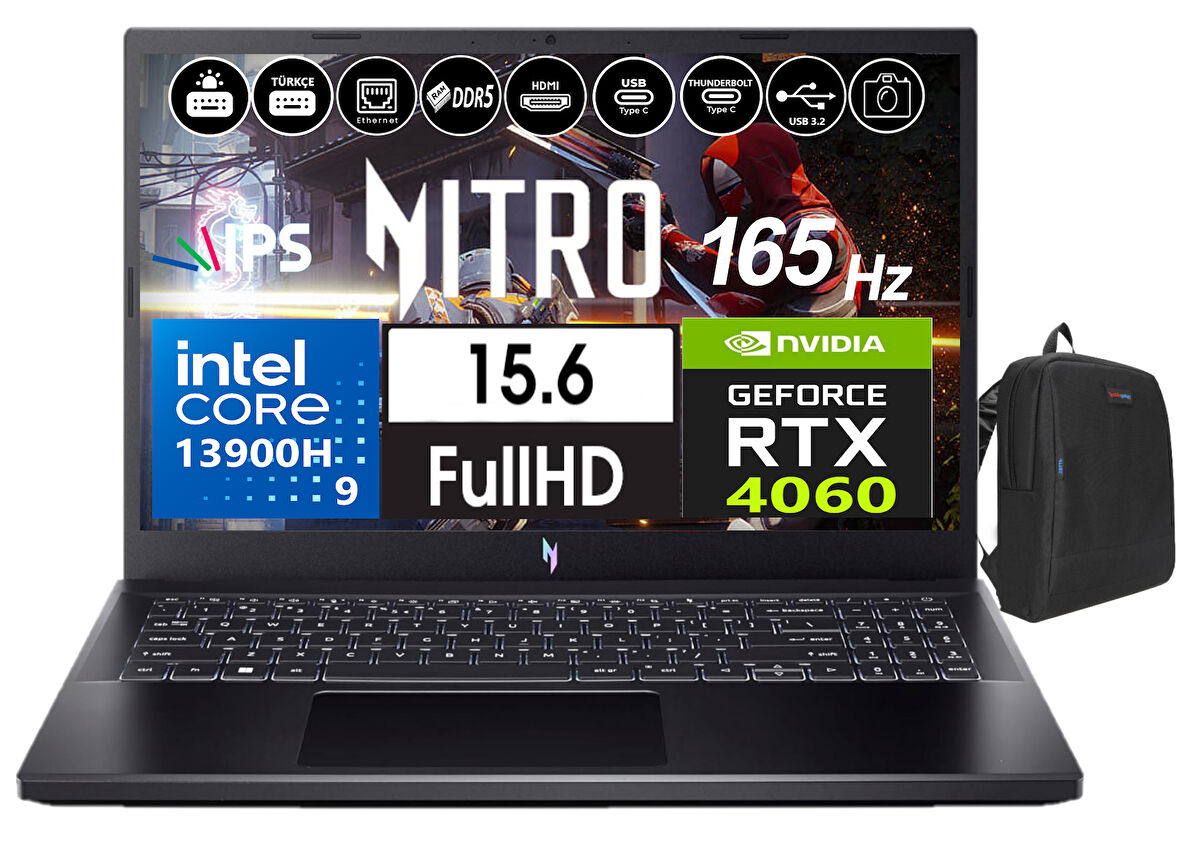 Acer Nitro 5 ANV15-51 V15 Ntel Core I9-13900H 96GB Ddr5 4tb SSD 8GB/RTX4060 Freedos 15.6" 165Hz Fhd Taşınabilir Bilgisayar NHQQEEY00520+WEBLEGELSINÇANTA