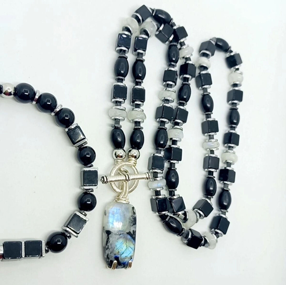 2362 Ay taşı Akik Oniks Obsidyen Hematit Erkek kolye bileklik el yapımı set