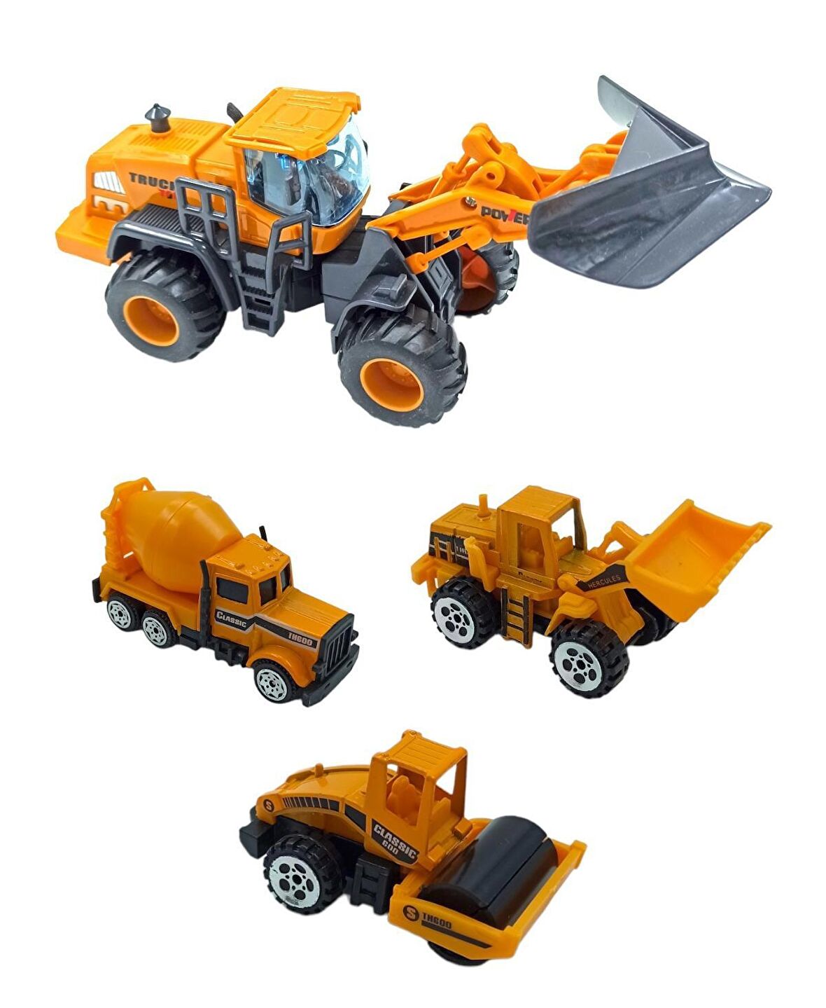 Metal İş Makinaları Seti 4 Araçlı 1 Adet Büyük Boy Kar Küreme ve 3 Adet Mini İş Makinaları Seti