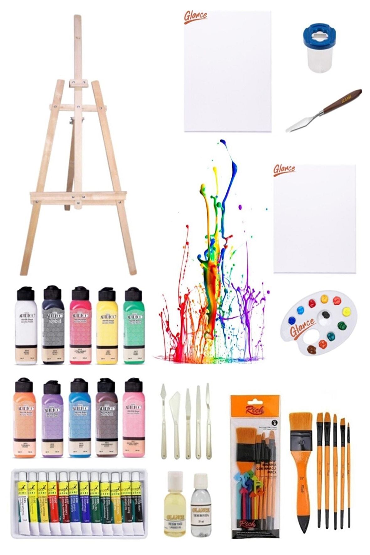 Artdeco 140 ml Akrilik Boya ve Fanart 12x12 ml Yağlı Boya Seti ve 50x70+35x50 Tuval İkili Şövale set