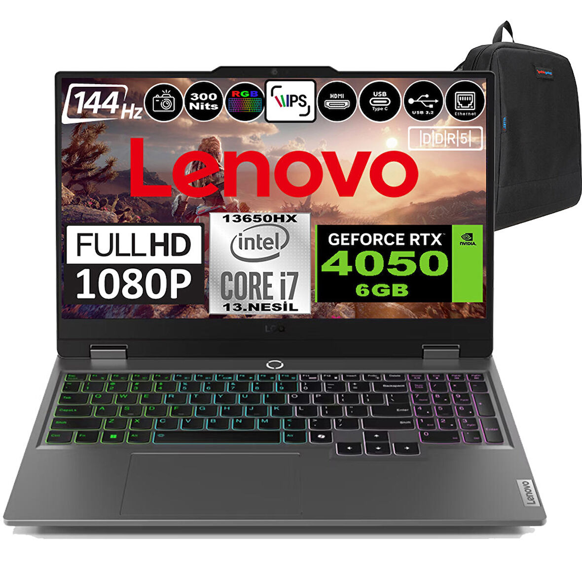 Lenovo Loq 15IRX9 Intel Core I7 13650HX Ddr5 32GB 1tb SSD Rtx 4050 6gb 300NITS 15.6" 144Hz Fhd Freedos Taşınabilir Bilgisayar 83DV00G7TRF06 + Zetta Çanta