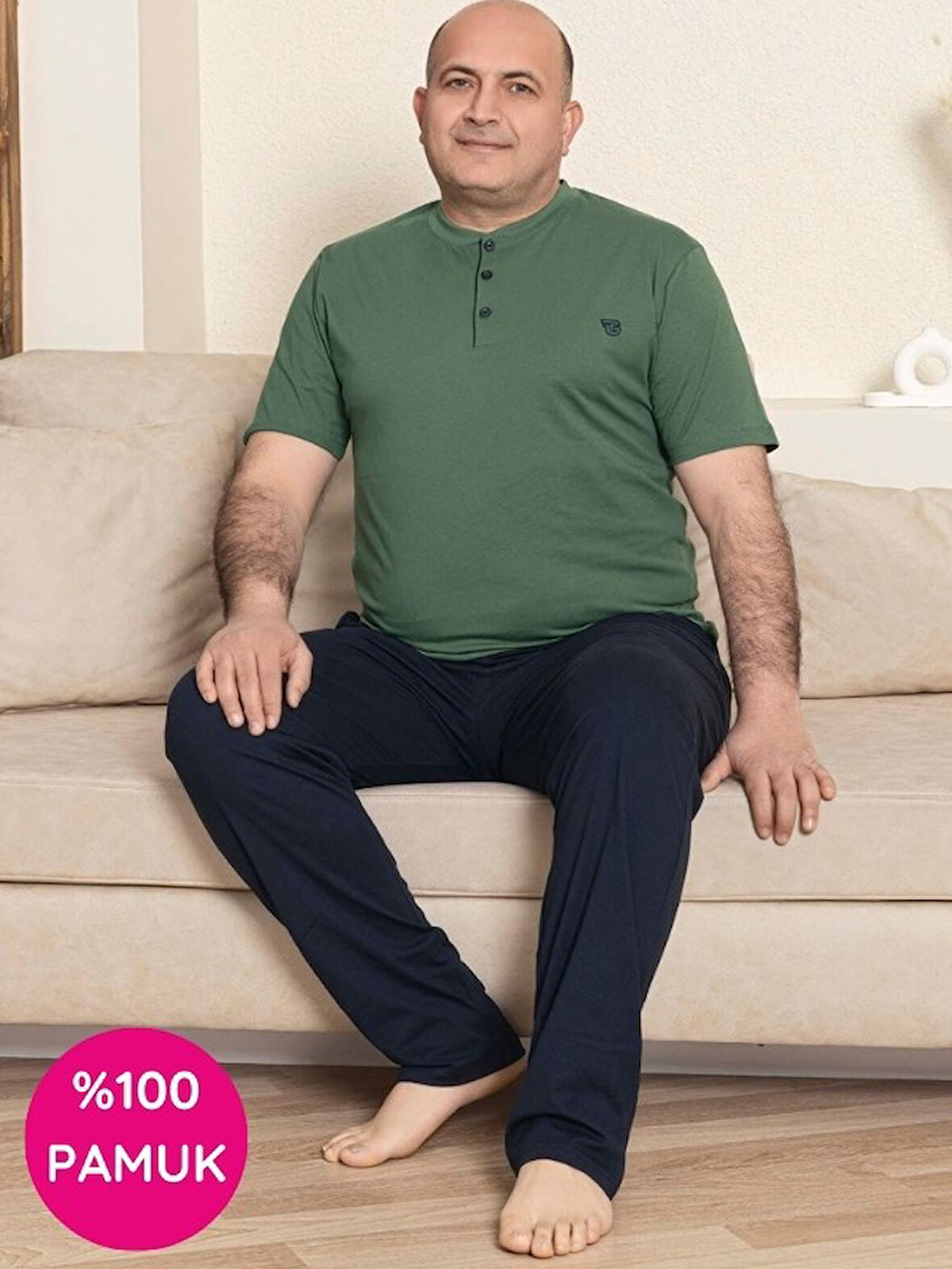 Erkek Geniş Kalıp %100 Pamuk Kısa Kol Cepli Büyük Beden Pijama Takımı