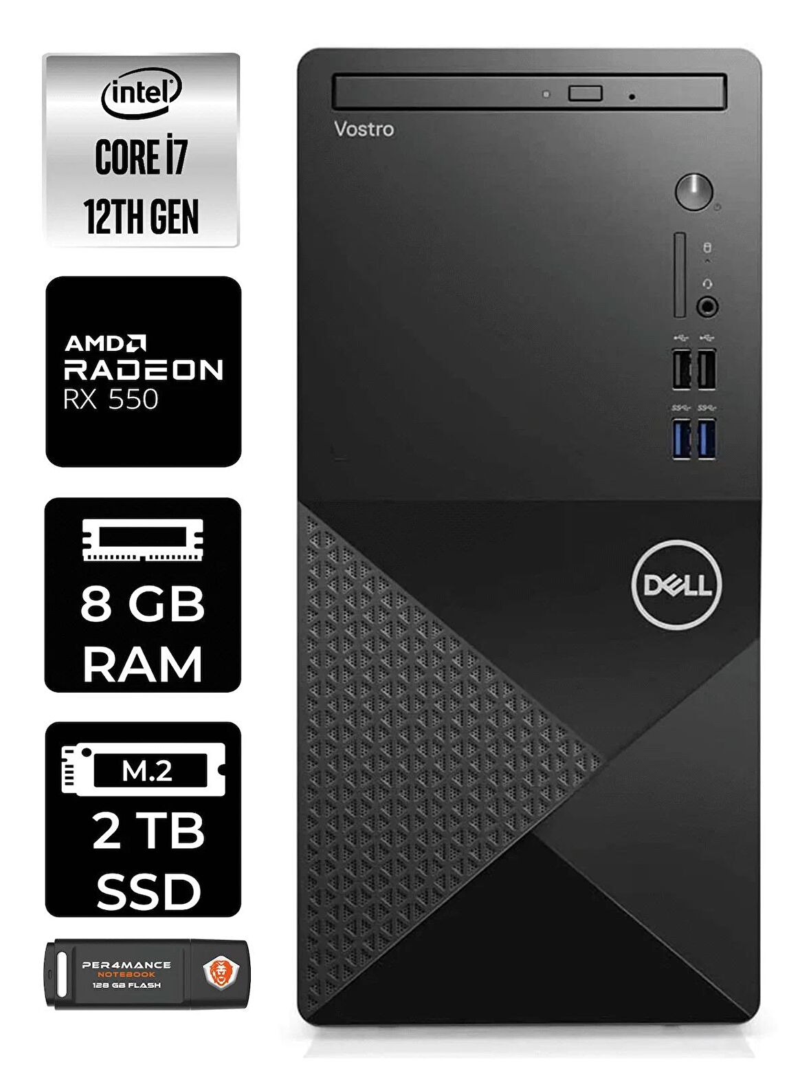 DELL VOSTRO i7 12700 8GB RAM 2TB SSD RX550/4GB W11HOME N7598VDT3910 MASAÜSTÜ PC & PER4 BELLEK