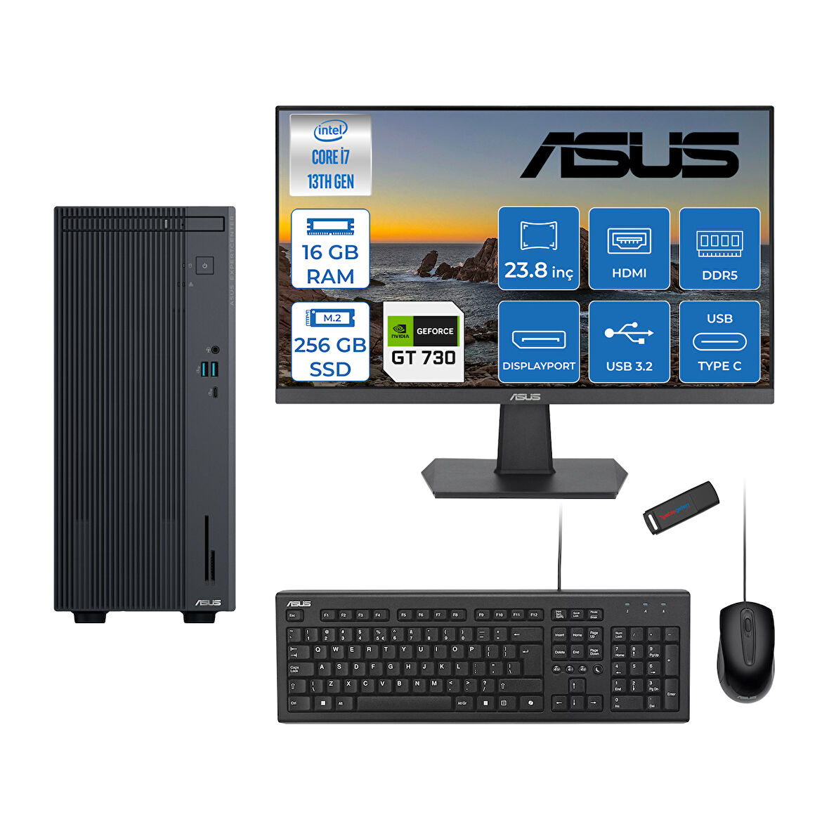 Asus Expertcenter P500MV Intel Core I7-13620H 16GB Ddr5 256GB SSD Freedos 4GB/GT730 100HZ IPS 23.8" Mon Minitower Masaüstübilgisayar WE7136216512B0DF01+ZETTAUSBBELLEK
