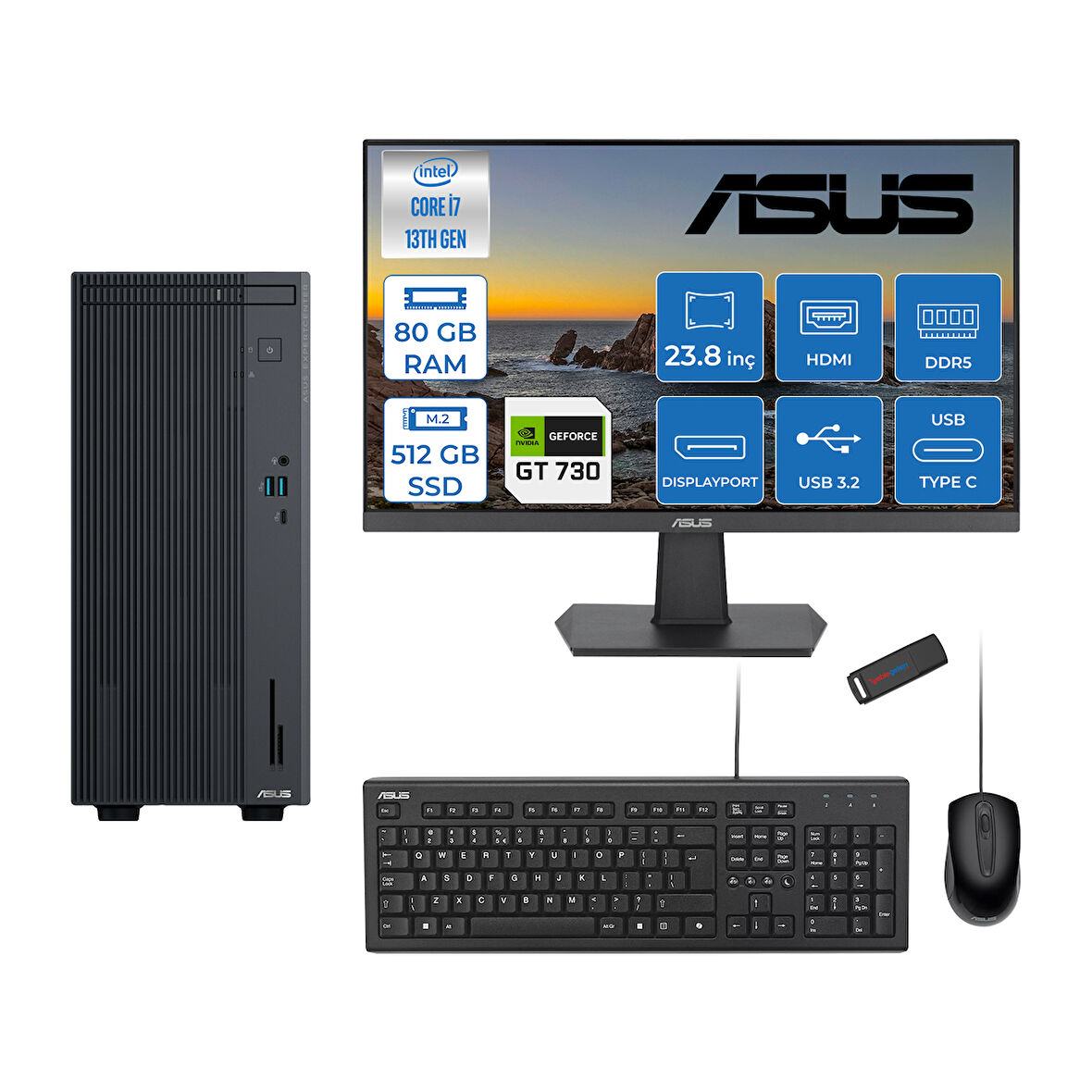 Asus Expertcenter P500MV Intel Core I7-13620H 80GB Ddr5 512GB SSD Freedos 4GB/GT730 100HZ IPS 23.8" Mon Minitower Masaüstübilgisayar WE7136216512B0DF27+ZETTAUSBBELLEK
