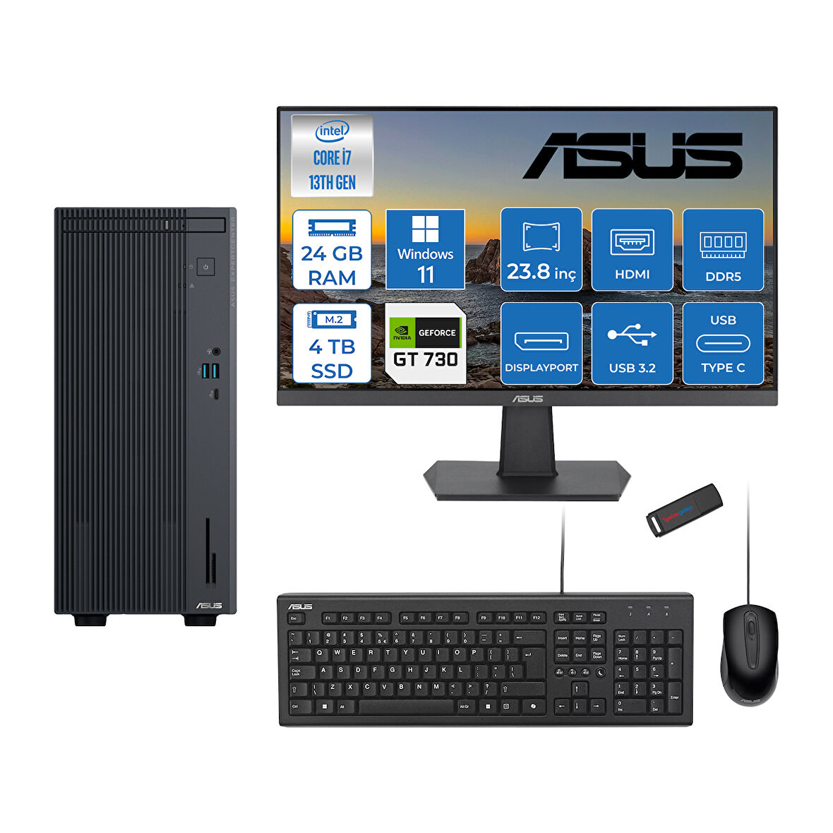 Asus Expertcenter P500MV Intel Core I7-13620H 24GB Ddr5 4tb SSD WIN11PRO 4GB/GT730 100HZ IPS 23.8" Mon Minitower Masaüstübilgisayar WE7136216512B0DW10+ZETTAUSBBELLEK