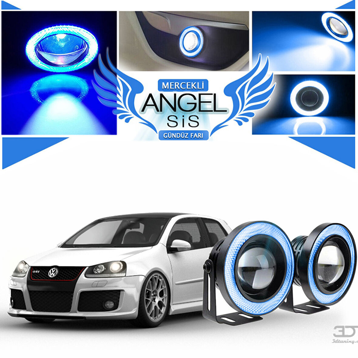 Volkswagen Golf 5 Uyumlu, Universal Mercekli Led Angel Sis Farı, 76mm Buz Mavi Renk