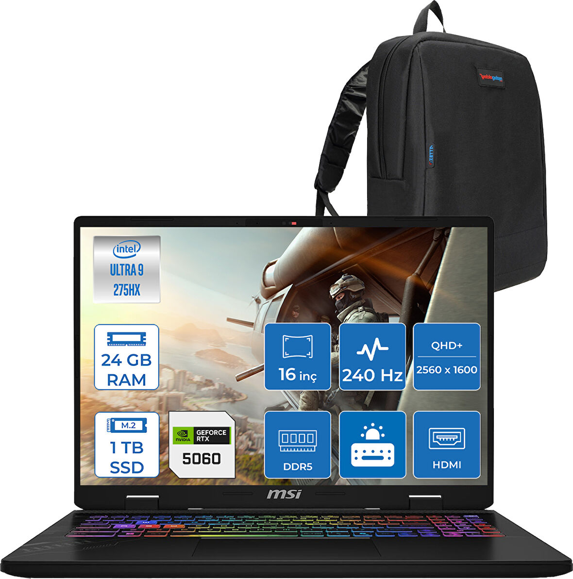 Msı Crosshaır 16 Hx Aı D2XWFKG-093TR Intel Core Ultra 9-275HX Aı 24GB 1tb SSD 8GB/RTX5060 115W 16 Inç 2k QHD+2560 x 1600 240Hz Freedos Gaming Laptop Z093TRF03+ZETTAÇANTA