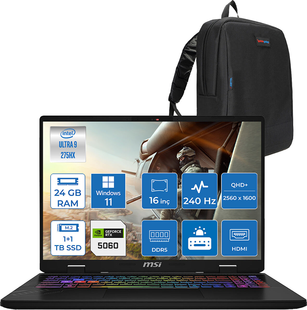 Msı Crosshaır 16 Hx Aı D2XWFKG-093TR Intel Core Ultra 9-275HX Aı 24GB 1tb SSD +1tb SSD 8GB/RTX5060 115W 16 Inç 2k QHD+2560 x 1600 240Hz WINDOWS11HOME Gaming Laptop Z093TRH04+ZETTAÇANTA
