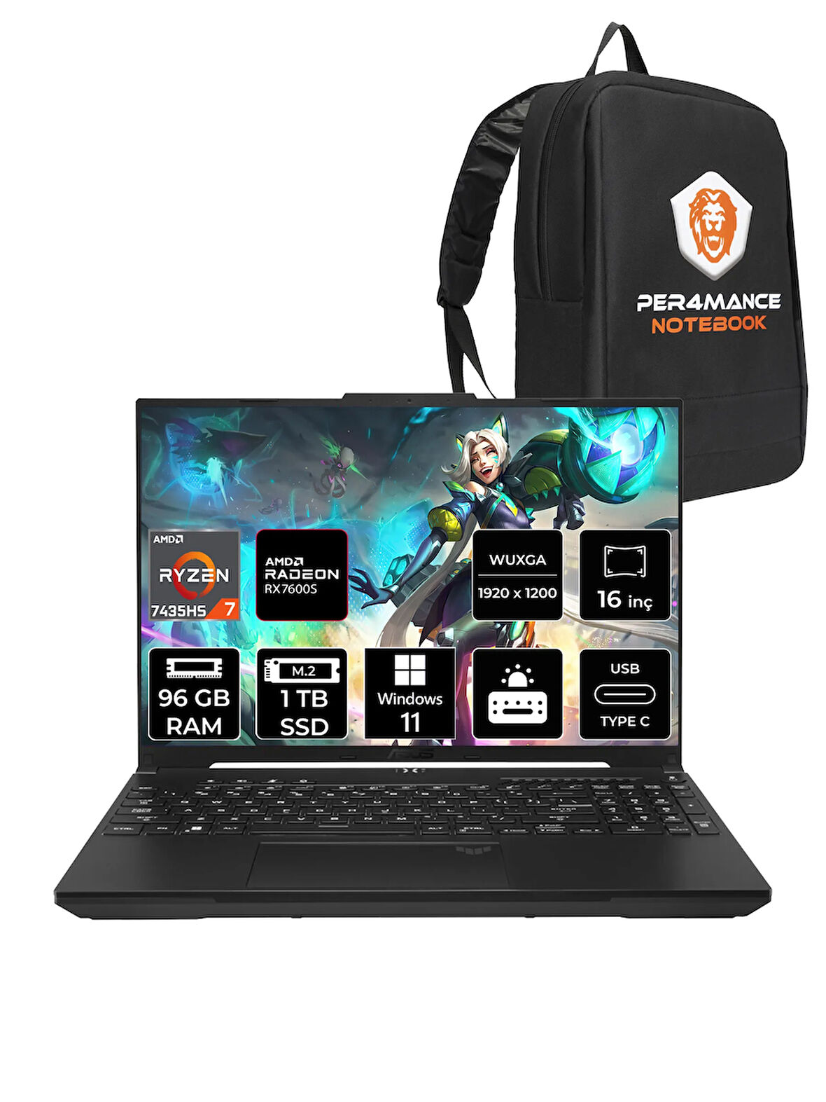 ASUS TUF Gaming A16 R7 7435HS 96GB 1TB SSD RX7600S/8GB 95W 165Hz 16" WUXGA W11H N3054 & PER4 ÇANTA