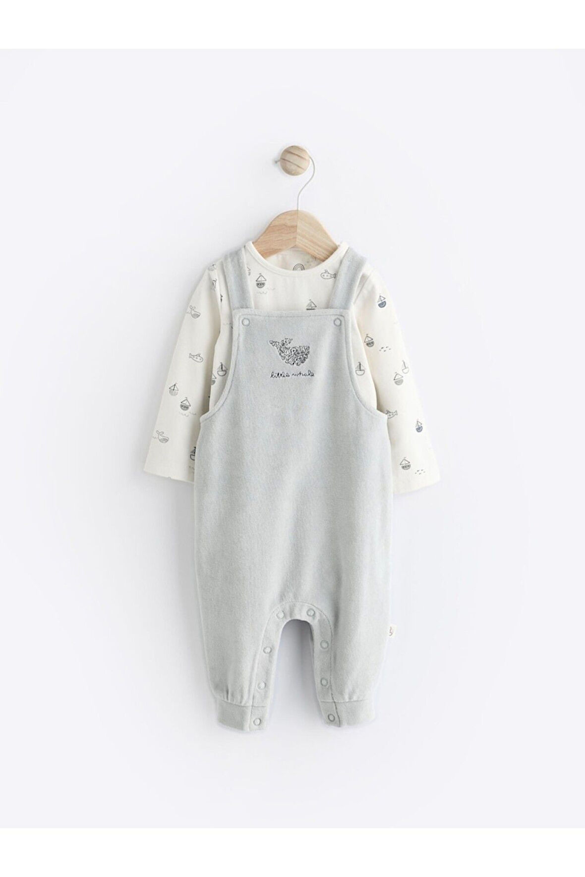 Next Baby % 100 Pamuklu Gri Balina Desenli Salopet Body Zıbın Set