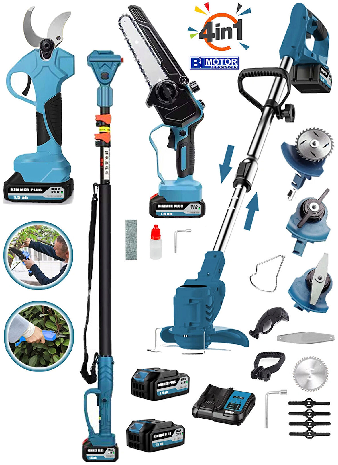 Wacker Pro Kimmer Seri 4 İn 1 Set 2.7 Mt Telaskopik Uzatma + Yağ Pompalı Testere + Akülü Tırpan + Bağ Makası