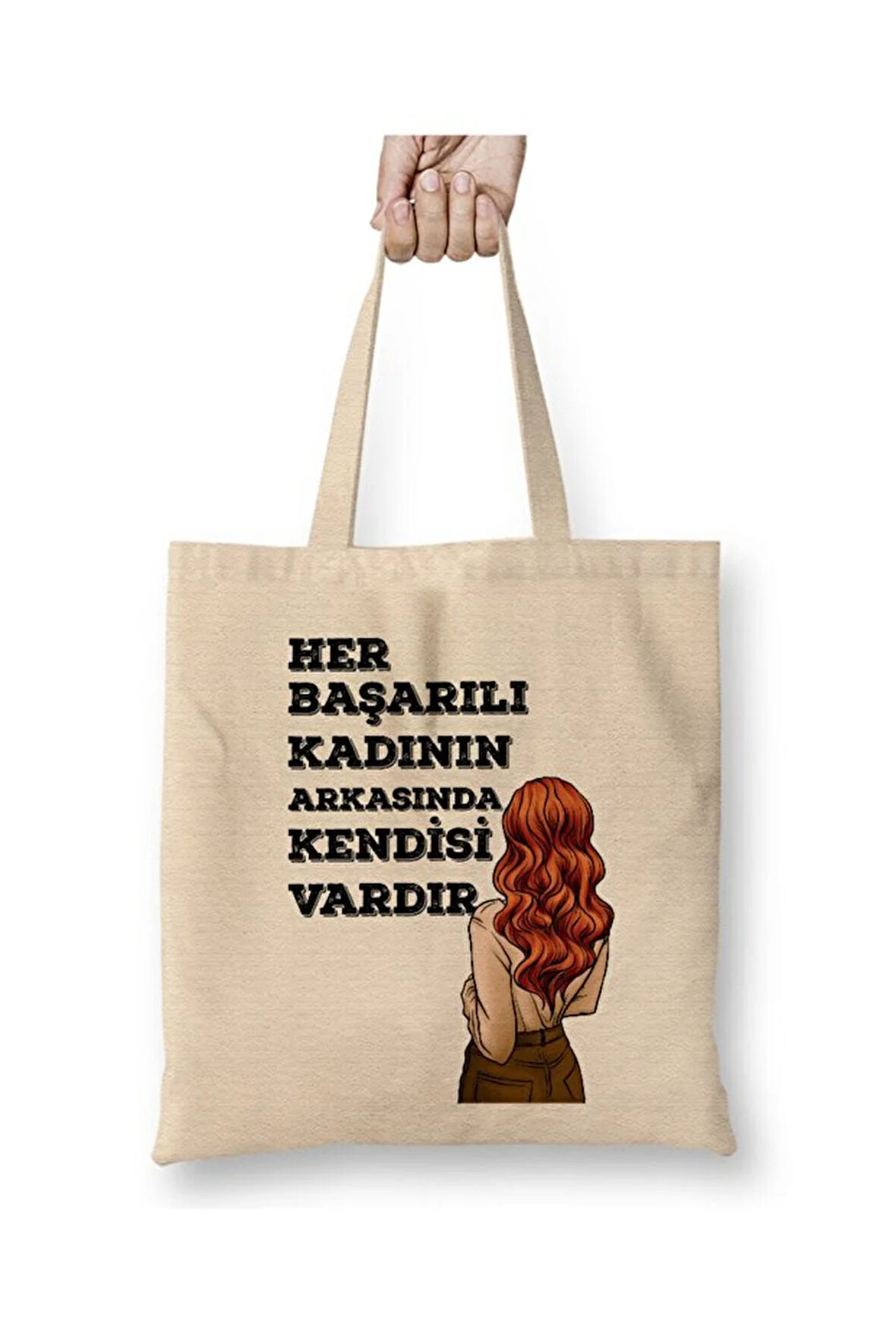 Her Kadın Başarılıdır Komik Bez Çanta Uzun Saplı Alışveriş Çantası Plaj Çantası