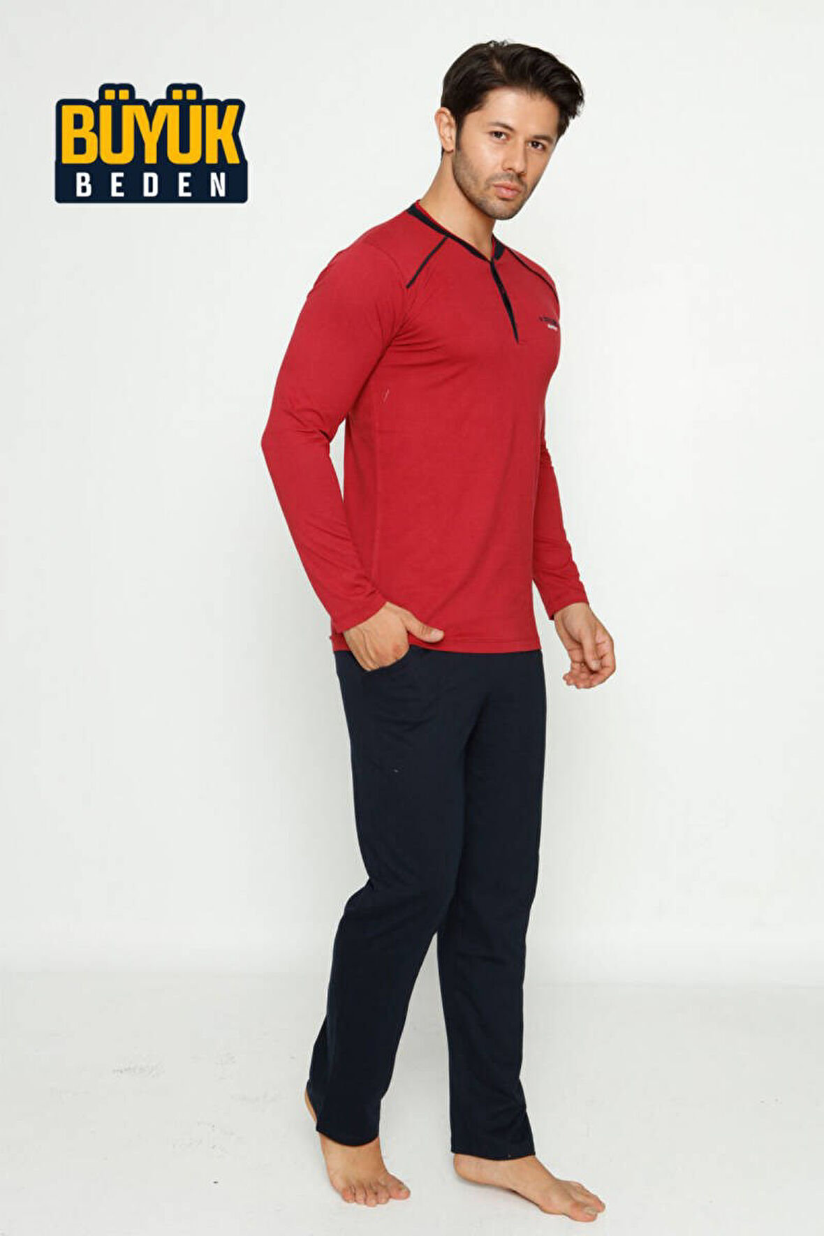 Erkek 3 Düğmeli Pamuk Likra Büyük Beden Uzun Kol Cepli Pijama Takımı
