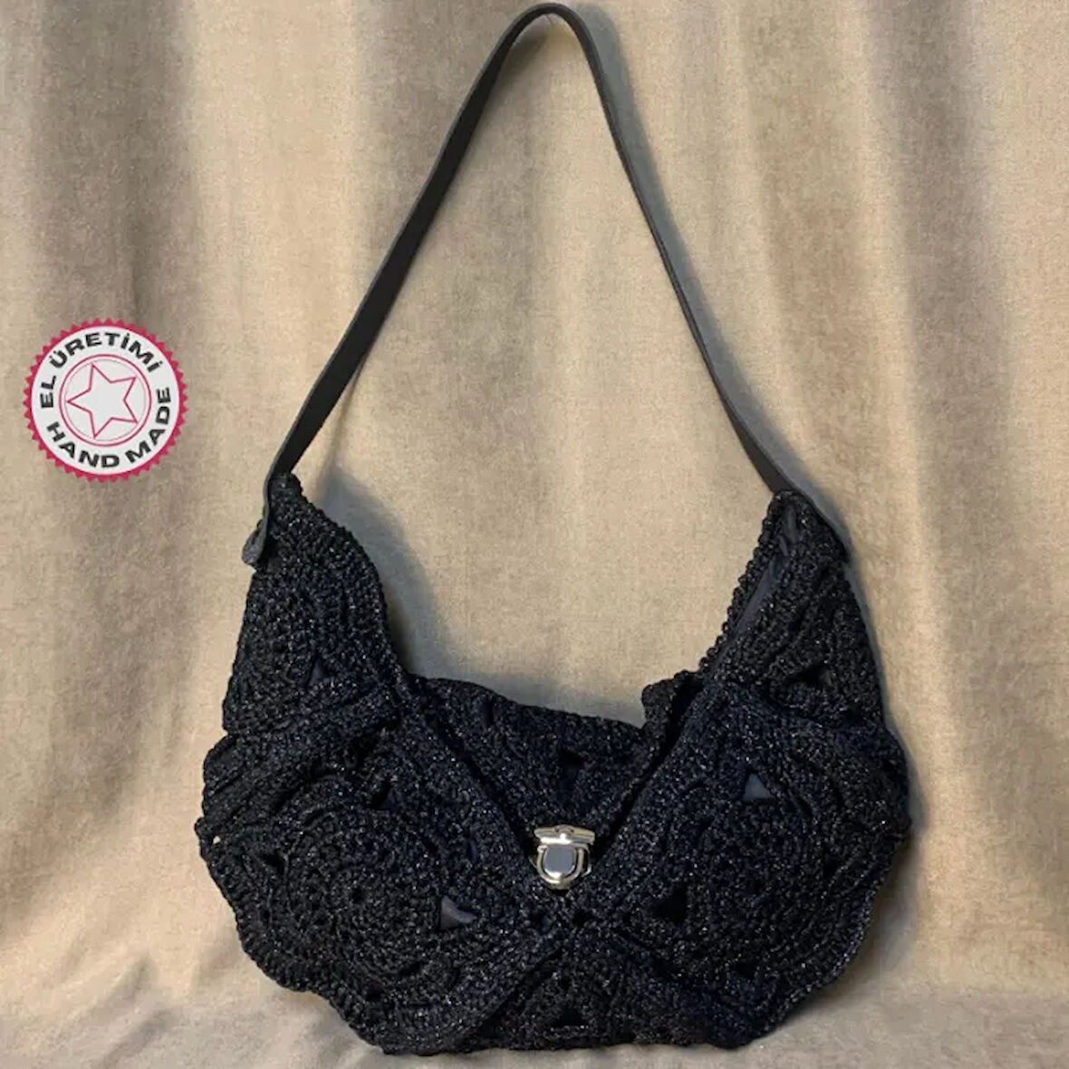Uretti - Meryem 7194 El Örgüsü Tığ İşi Siyah Kol Çantası