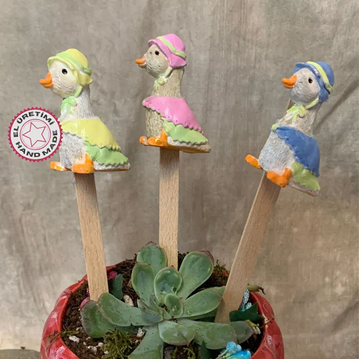 Uretti - Pınar 2572 - El Yapımı 3'lü Sevimli Ördek Saksı Süsü -  20 cm