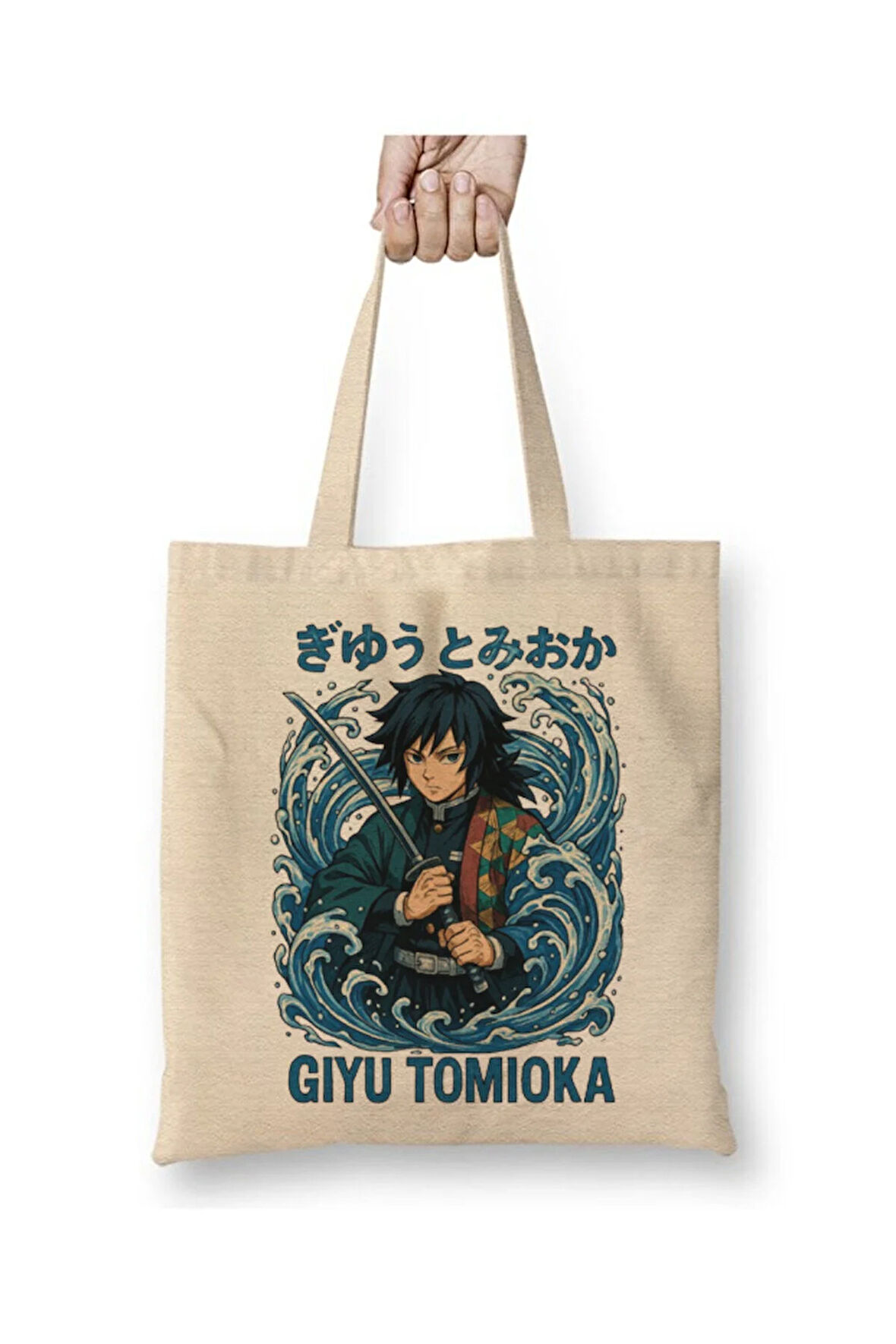 Demon Slayer Giyu Tomioka Iblis Keser Bez Çanta Uzun Saplı Alışveriş Çantası Plaj Çantası