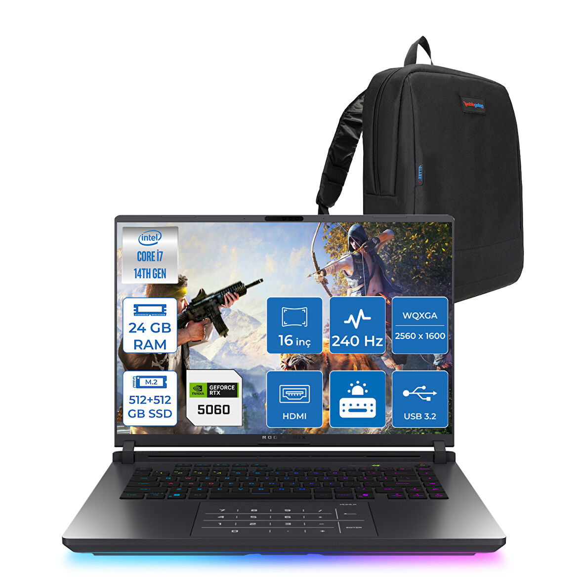 Asus Rog Strix G16 G615JMR-S5049 Intel® Core™ I7 14650HX 24GB 512GB SSD +512GB SSD 8GB/RTX5060 Gddr7 115W 16 Inç 2,5k (2560 x 1600, Wqxga) 240Hz 3ms  Freedos Gaming Laptop WS5049F02+ZETTAÇANTA