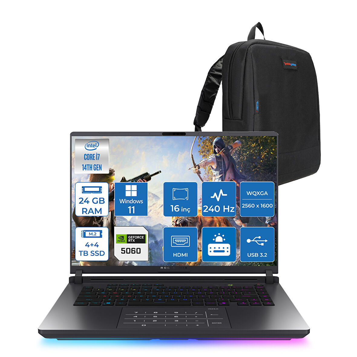 Asus Rog Strix G16 G615JMR-S5049 Intel® Core™ I7 14650HX 24GB 4tb Ssd+4tb SSD 8GB/RTX5060 Gddr7 115W 16 Inç 2,5k (2560 x 1600, Wqxga) 240Hz 3ms  WINDOWS11PRO Gaming Laptop WS5049P08+ZETTAÇANTA