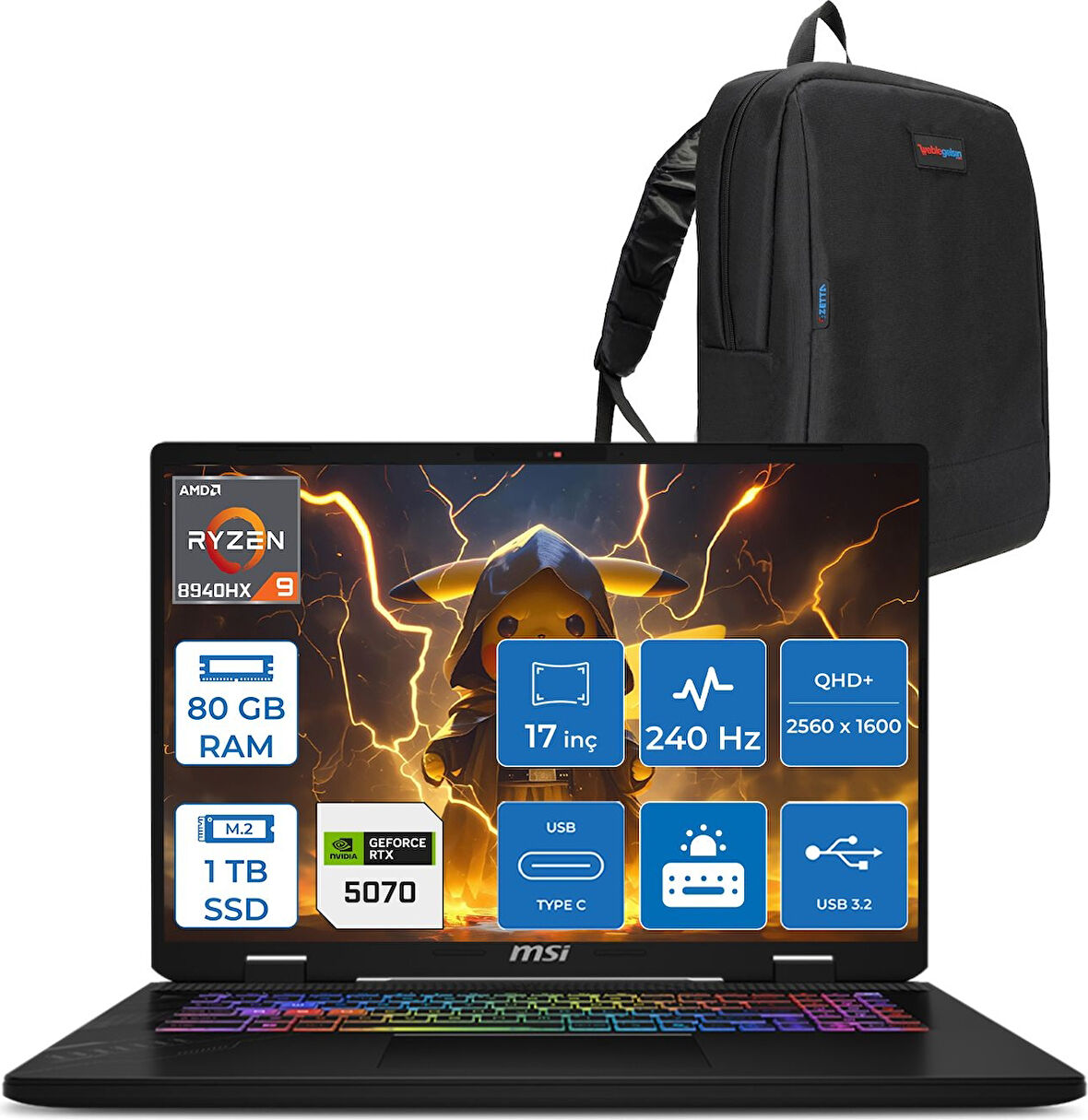 Msı Crosshaır A17 Hx D8WGKG-012XTR Ryzen9 8940HX Aı 80GB 1tb+1tb SSD 8GB/RTX5070 Gddr7 115W 17"2.5k (2560 x 1600, Qhd+) 240Hz  Freedos Taşınabilir Bilgisayar Z012XTRF36+ZETTAÇANTA