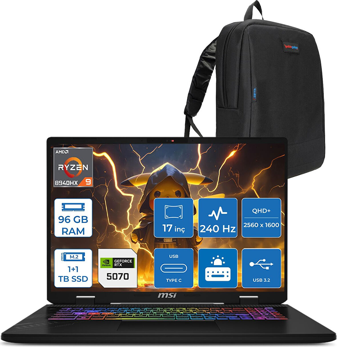 Msı Crosshaır A17 Hx D8WGKG-012XTR Ryzen9 8940HX Aı 96GB 1tb Ssd+1tbssd 8GB/RTX5070 Gddr7 115W 17"2.5k (2560 x 1600, Qhd+) 240Hz  Freedos Taşınabilir Bilgisayar Z012XTRF44+ZETTAÇANTA