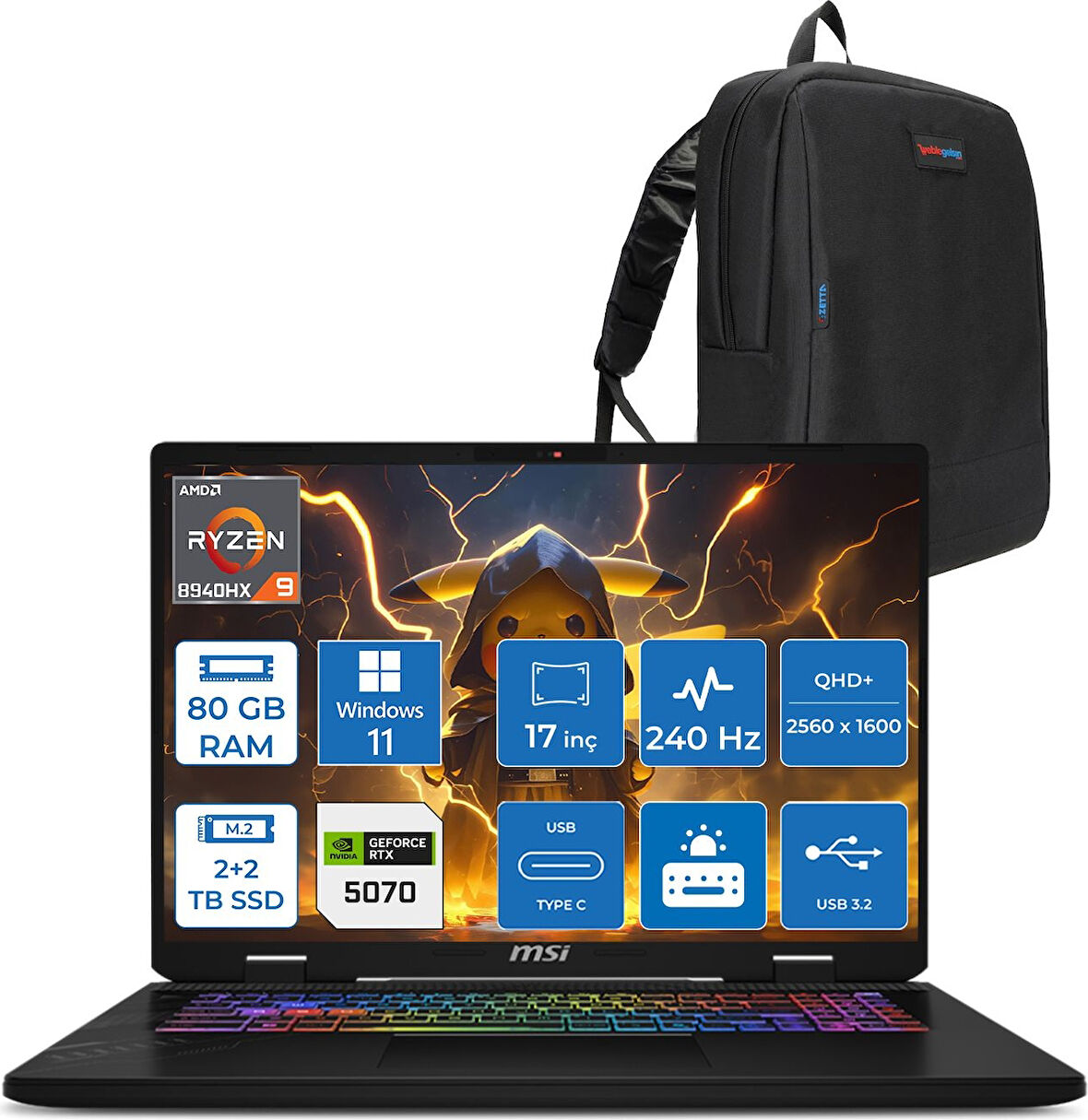 Msı Crosshaır A17 Hx D8WGKG-012XTR Ryzen9 8940HX Aı 80GB 2tb+2tb SSD 8GB/RTX5070 Gddr7 115W 17"2.5k (2560 x 1600, Qhd+) 240Hz  Windows 11 Home Taşınabilir Bilgisayar Z012XTRH38+ZETTAÇANTA