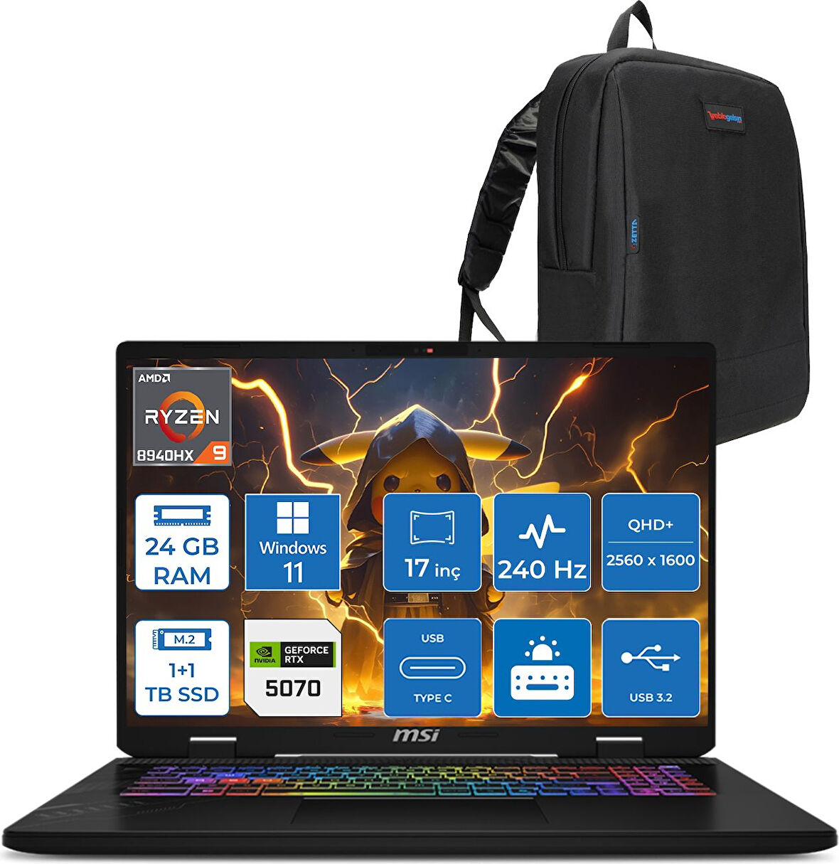 Msı Crosshaır A17 Hx D8WGKG-012XTR Ryzen9 8940HX Aı 24GB 1tb SSD +1tb SSD 8GB/RTX5070 Gddr7 115W 17"2.5k (2560 x 1600, Qhd+) 240Hz  Windows 11 Pro Taşınabilir Bilgisayar Z012XTRP04+ZETTAÇANTA
