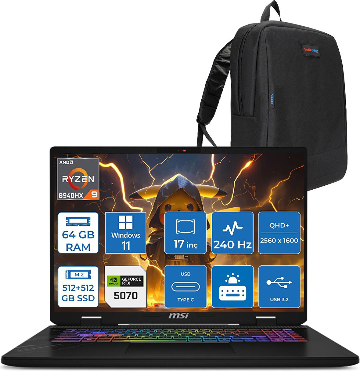 Msı Crosshaır A17 Hx D8WGKG-012XTR Ryzen9 8940HX Aı 64GB 512GB SSD+512GB SSD 8GB/RTX5070 Gddr7 115W 17"2.5k (2560 x 1600, Qhd+) 240Hz  Windows 11 Pro Taşınabilir Bilgisayar Z012XTRP26+ZETTAÇANTA