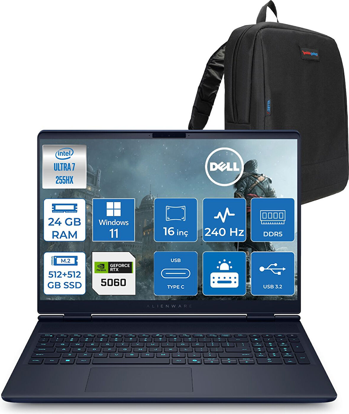 Dell Alienware 16X Aurora Core Ultra 7 255HX Aı 24GB 512GB SSD +512GB SSD 8GB/RTX5060 Gddr7 115W 16" Wqxga 240Hz 500 Nits  Windows 11 Pro Taşınabilir Bilgisayar ZAC16251P02+ZETTAÇANTA