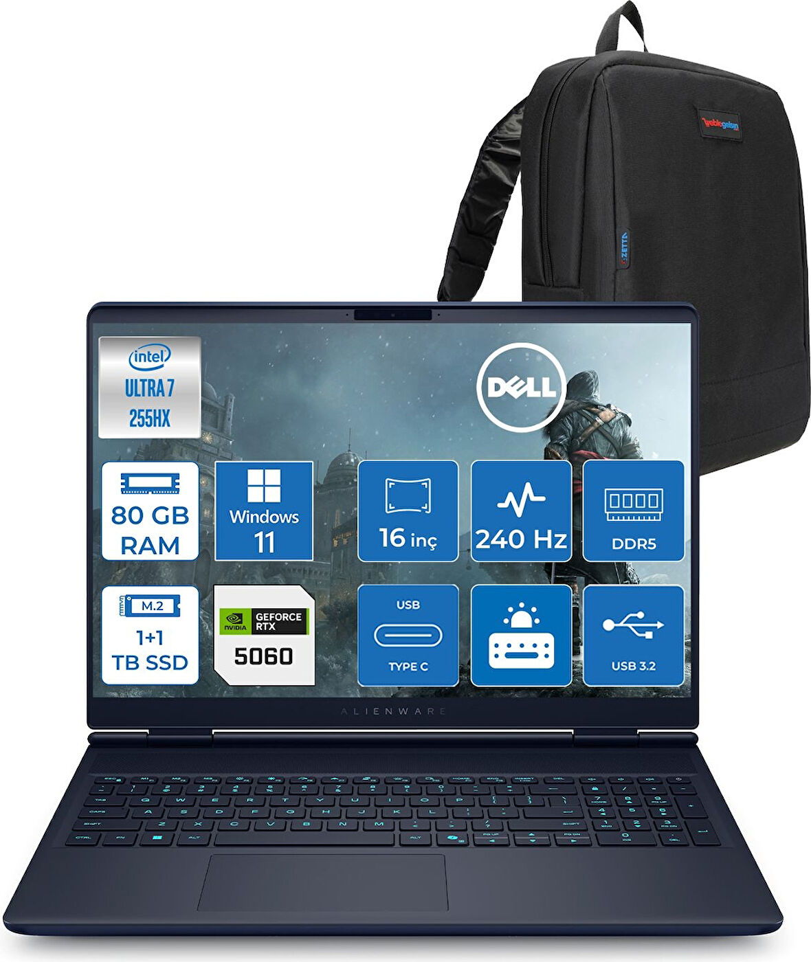 Dell Alienware 16X Aurora Core Ultra 7 255HX Aı 80GB 1tb+1tb SSD 8GB/RTX5060 Gddr7 115W 16" Wqxga 240Hz 500 Nits  Windows 11 Pro Taşınabilir Bilgisayar ZAC16251P36+ZETTAÇANTA