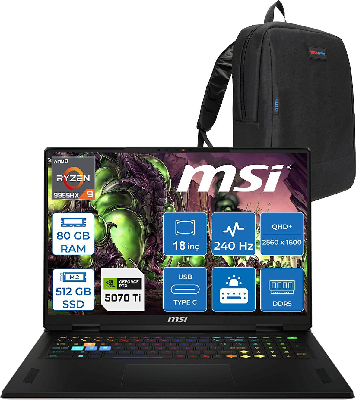 Msı Vector A18 Hx A9WHG-094TR Amd Ryzen 9-9955HX Aı 80GB 512GB SSD 12GB/RTX5070Tİ Gddr7 140W 18″ 16:10 Qhd+ (2560×1600), 240Hz Freedos Taşınabilir Bilgisayar Z094TRF33+ZETTAÇANTA