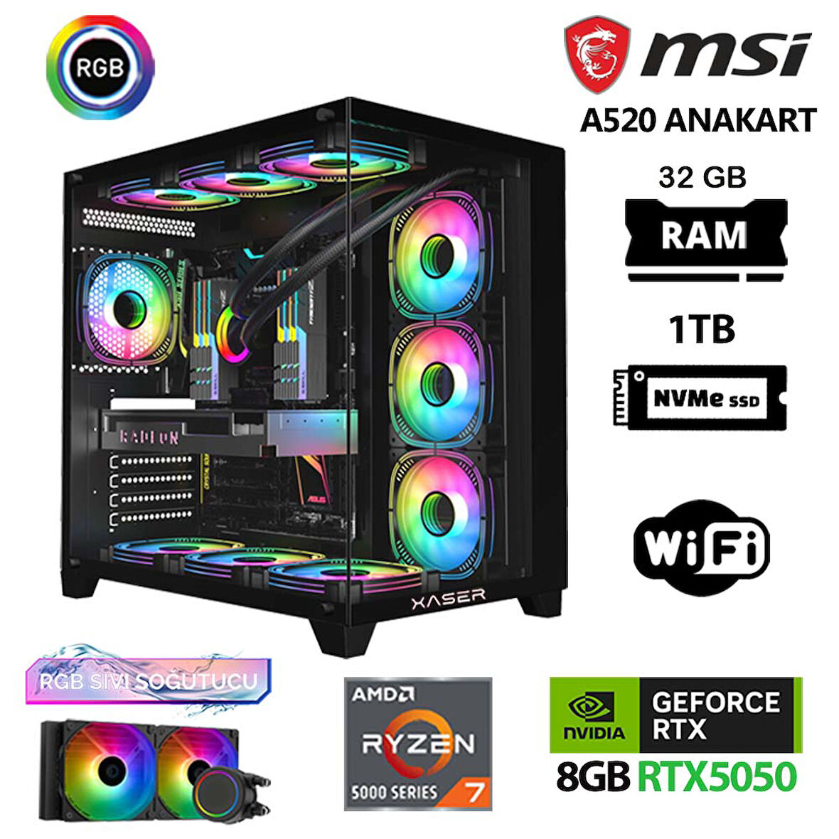 Xaser Queen X1 Ryzen 7 5700X 32GB Ram 1TB M.2 NVMe SSD 8GB RTX5060 Sıvı Soğutmalı Oyuncu Bilgisayarı