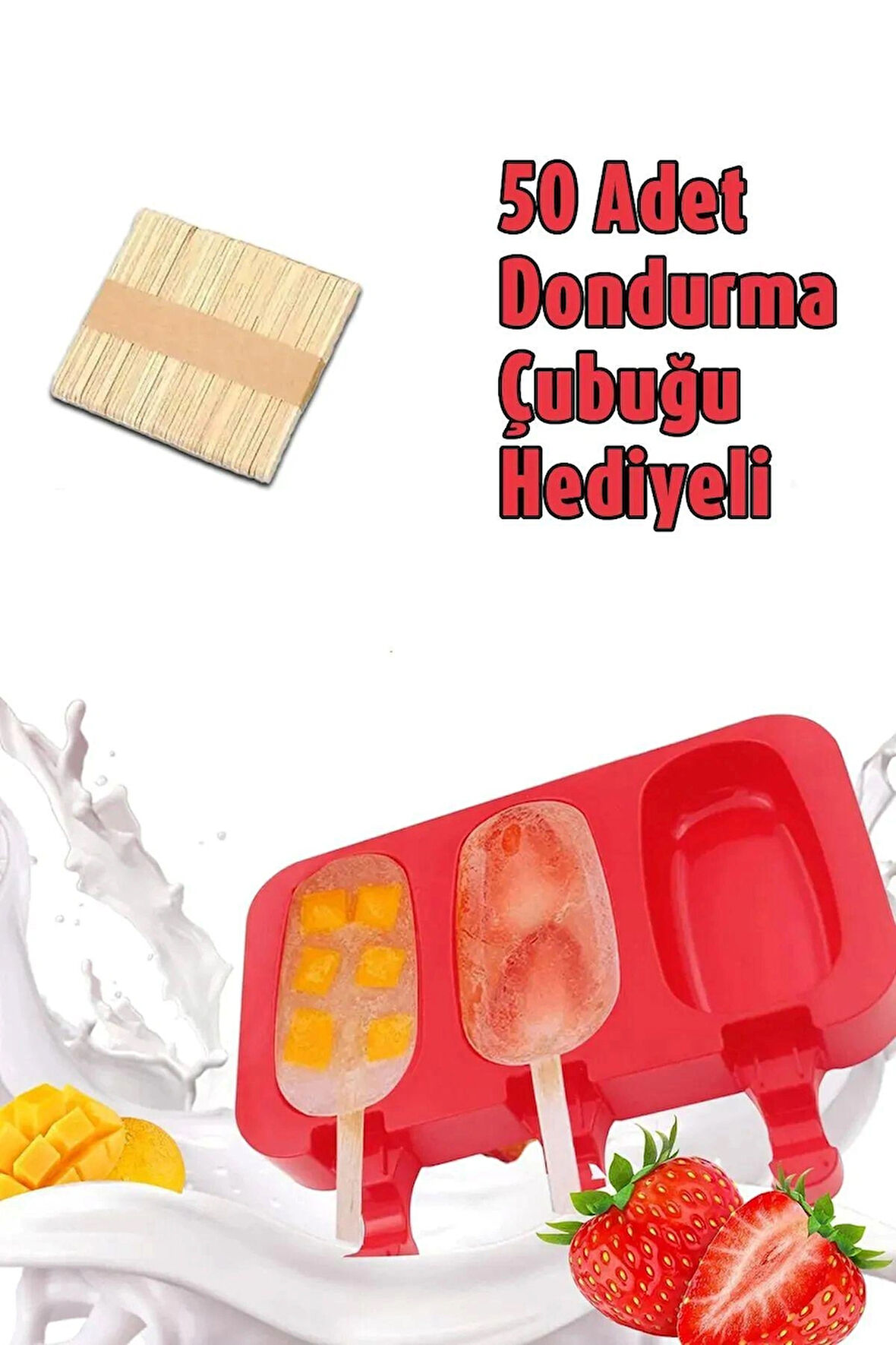 Premium 3'lü Silikon Magnum Dondurma Yapma Kalıbı Ahşap Çubuklu Buzluk Puding Kabı Pratik 1 adet