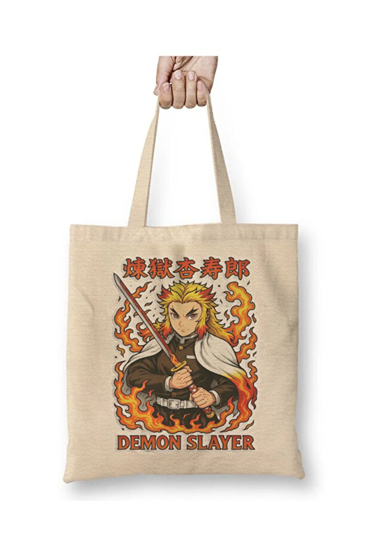 Kyojuro Rengoku Demon Slayer İblis Keser Bez Çanta Uzun Saplı Alışveriş Çantası Plaj Çantası