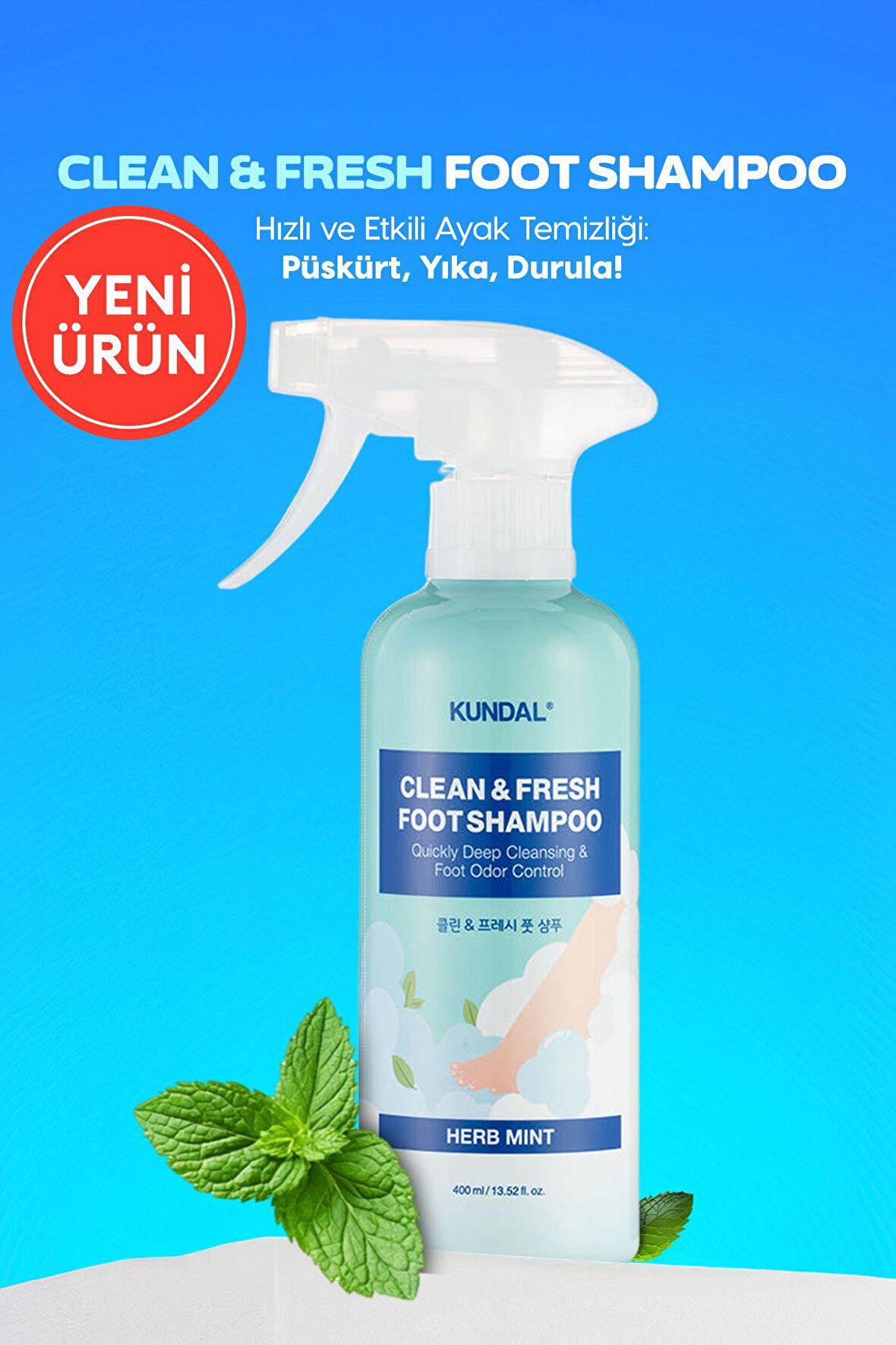 Arındırıcı ve Ferahlatıcı Ayak Bakım Şampuanı KUNDAL Clean & Fresh Foot Shampoo 400ml (Herb Mint)