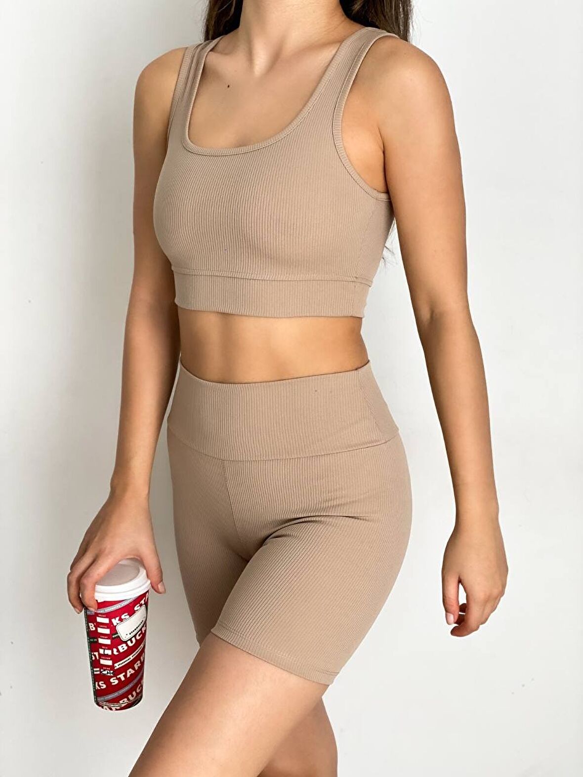 KADIN KISA SPOR FİTİLLİ CROP TAYT TAKIM