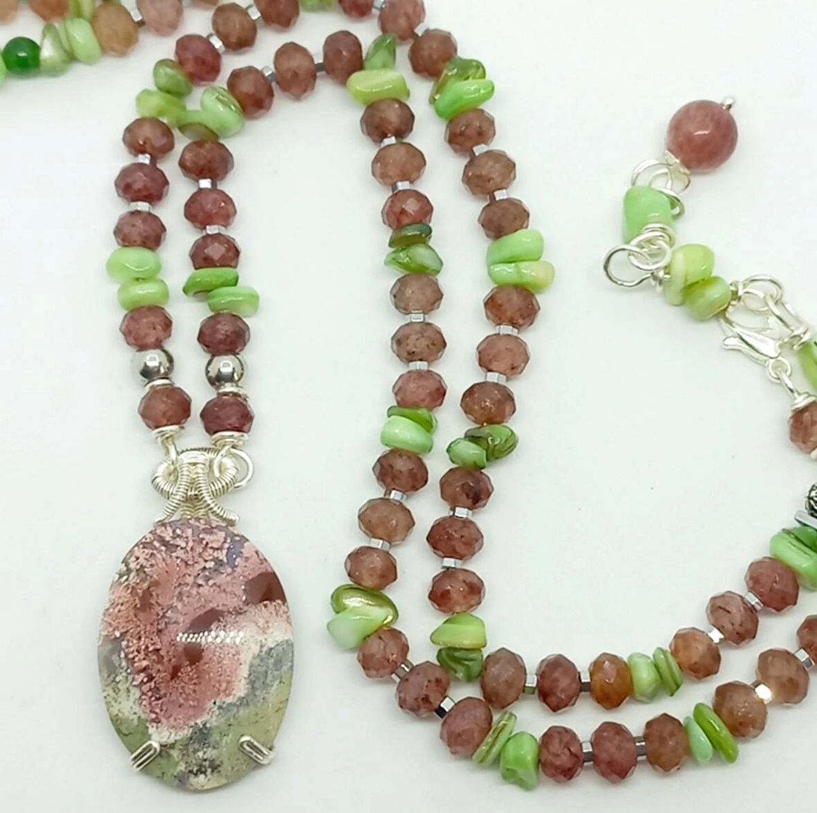 2393 Yosunlu Akik çilek Kuvars Sedef el yapımı kolye