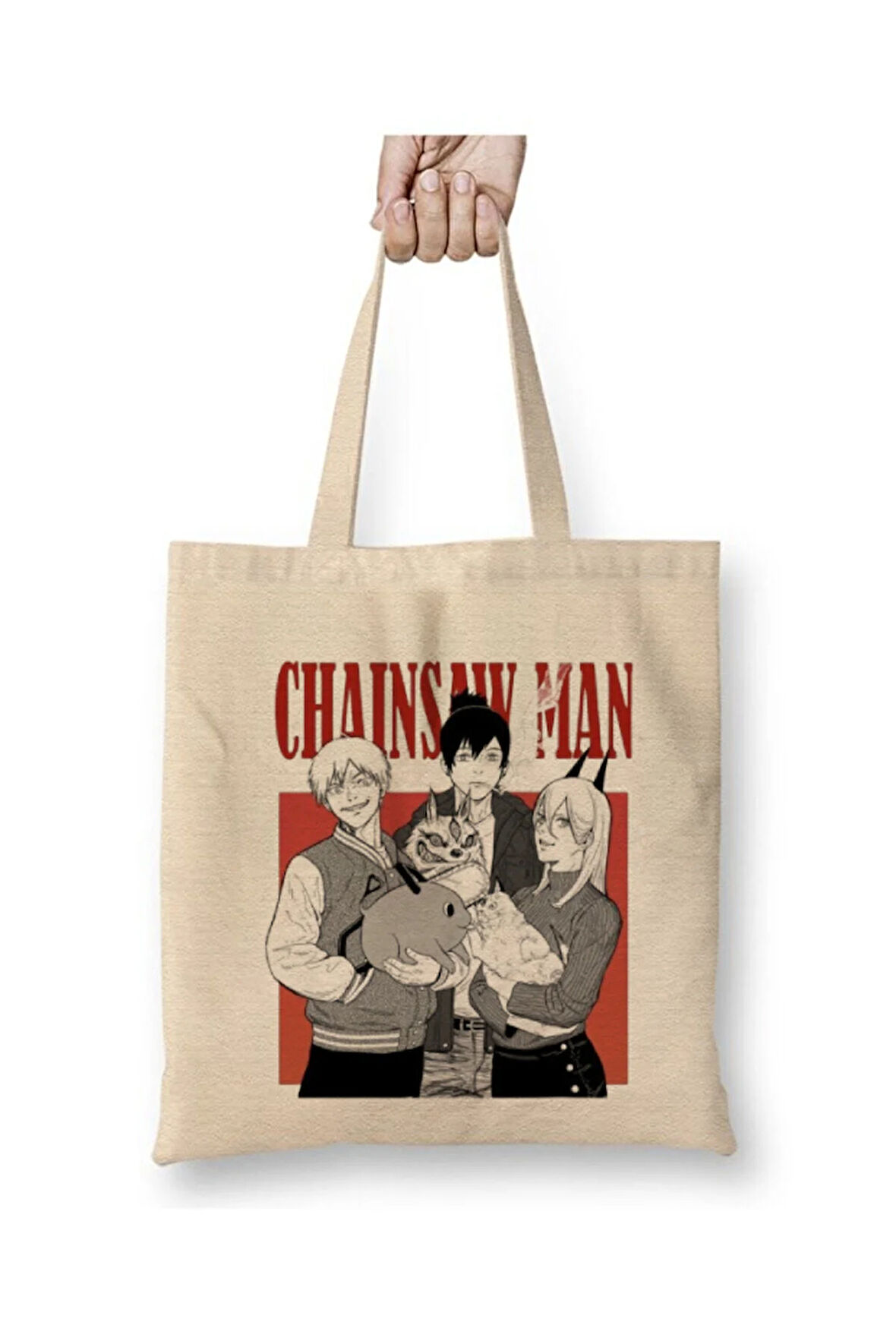 Chainsaw Man Beyaz Bez Çanta Uzun Saplı Alışveriş Çantası Plaj Çantası