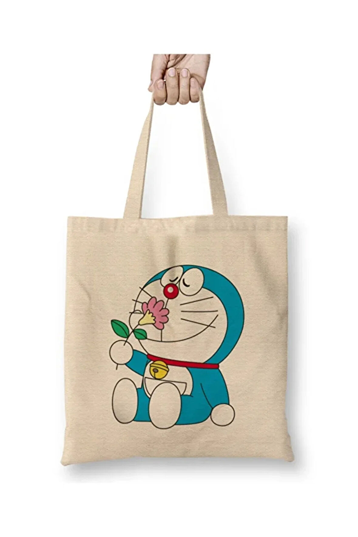 Doraemon Anime Beyaz Bez Çanta Uzun Saplı Alışveriş Çantası Plaj Çantası