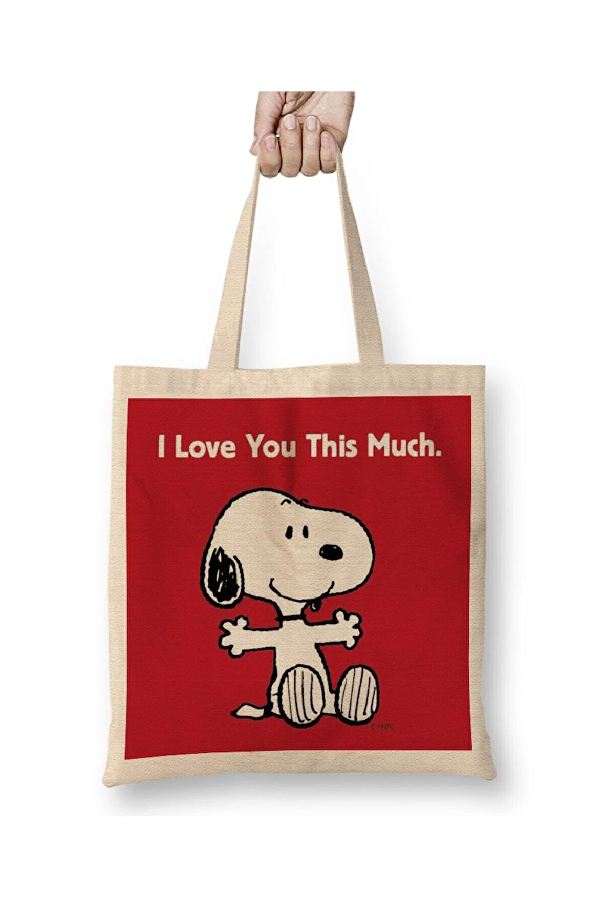 Snoopy And Friends Beyaz Bez Çanta Uzun Saplı Alışveriş Çantası Plaj Çantası